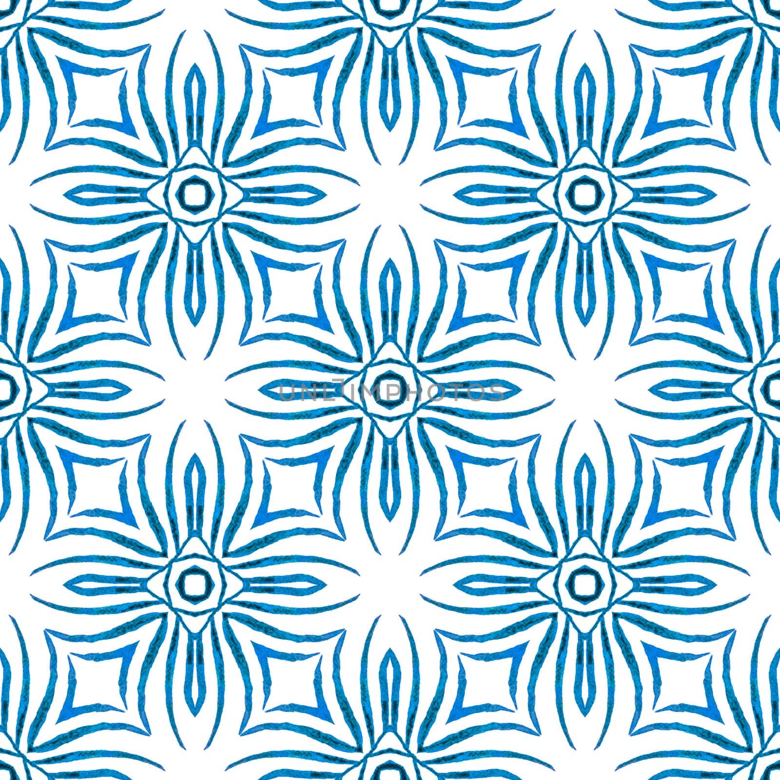 Textile ready sightly print, swimwear fabric, wallpaper, wrapping. Blue remarkable boho chic summer design. Ethnic hand painted pattern. Watercolor summer ethnic border pattern.