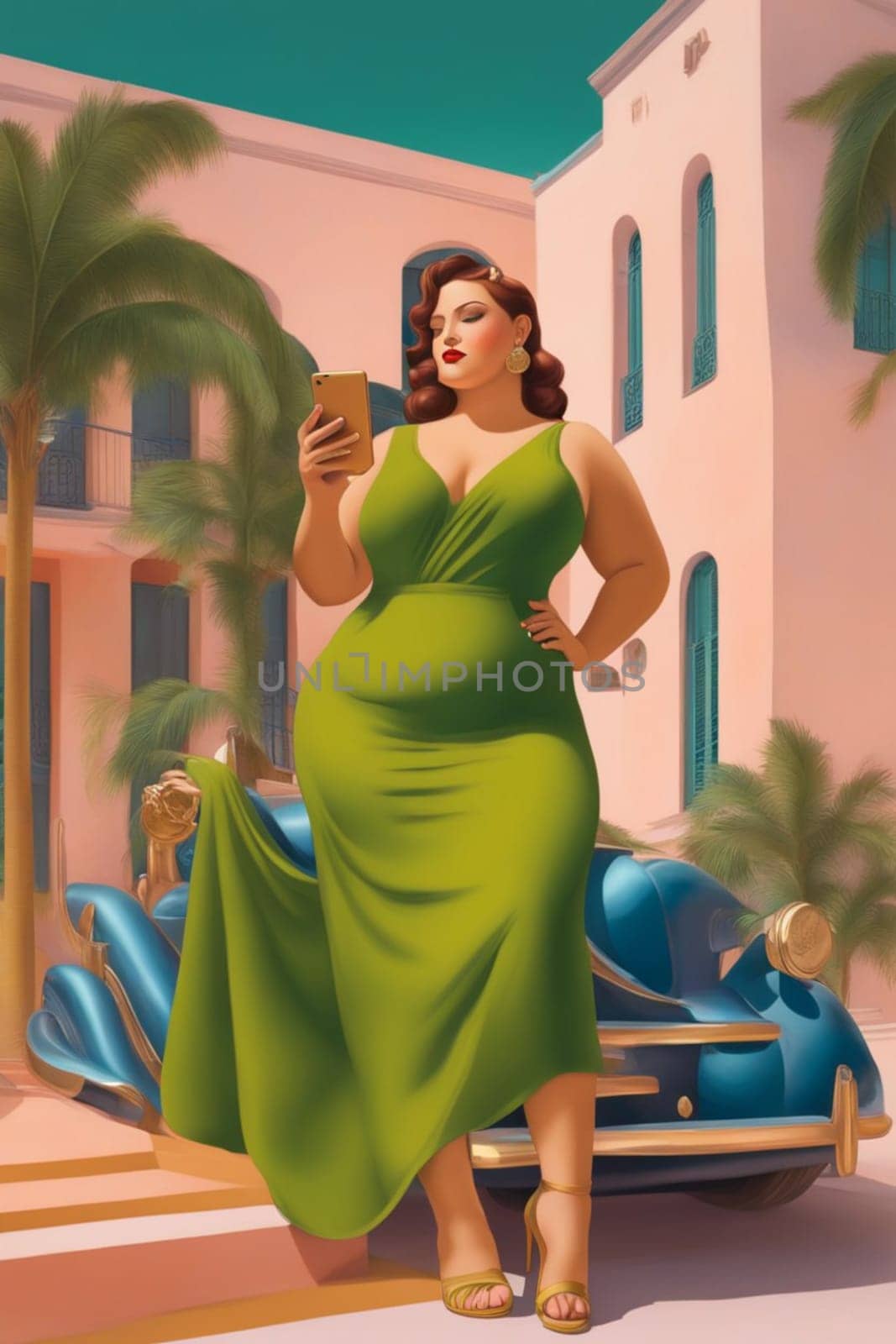 iilustration poster of voluptous female model using smartphone outdoors in a yard in caribbean villa generative ai art