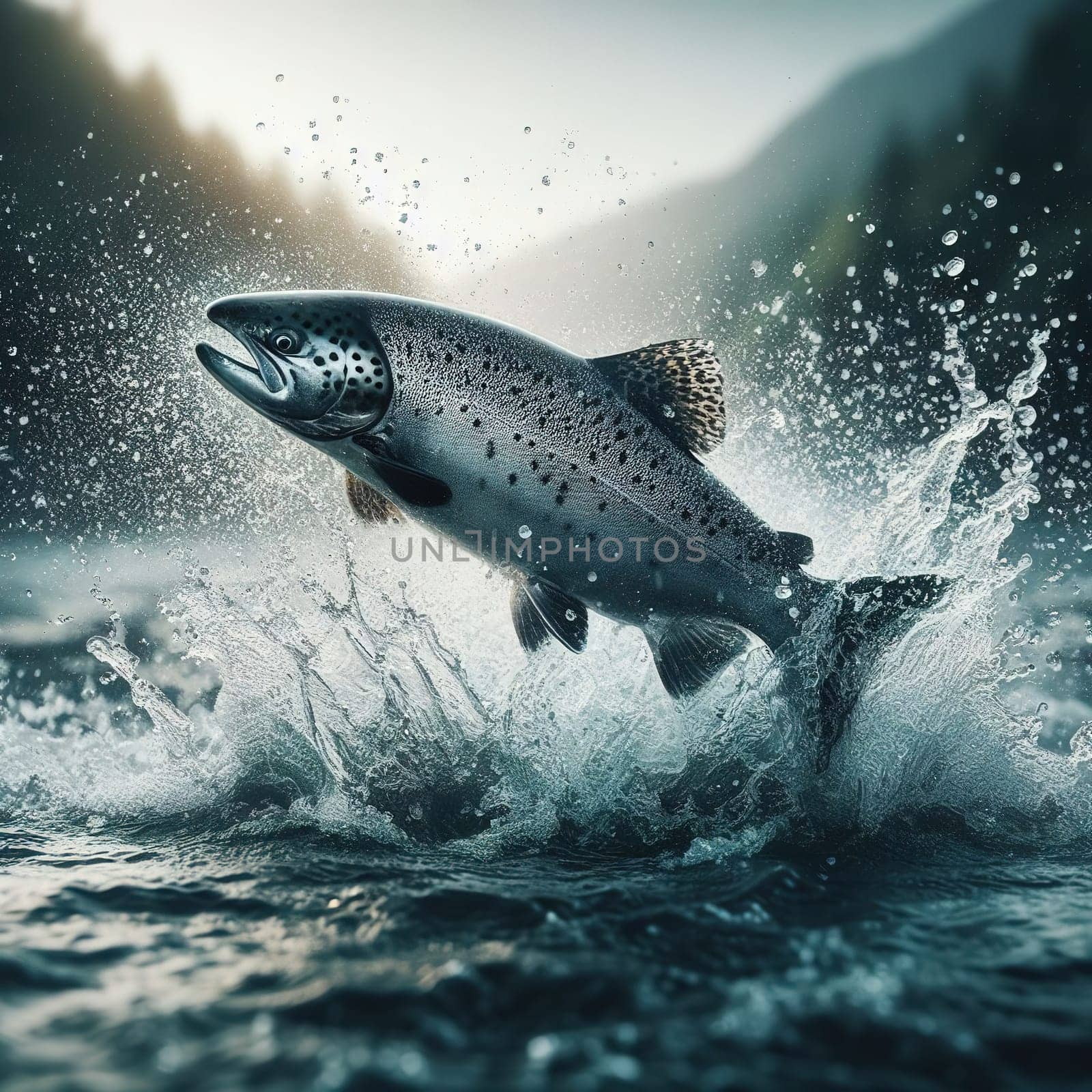 Salmon jumps out of the water along the way. Generative AI. High quality illustration