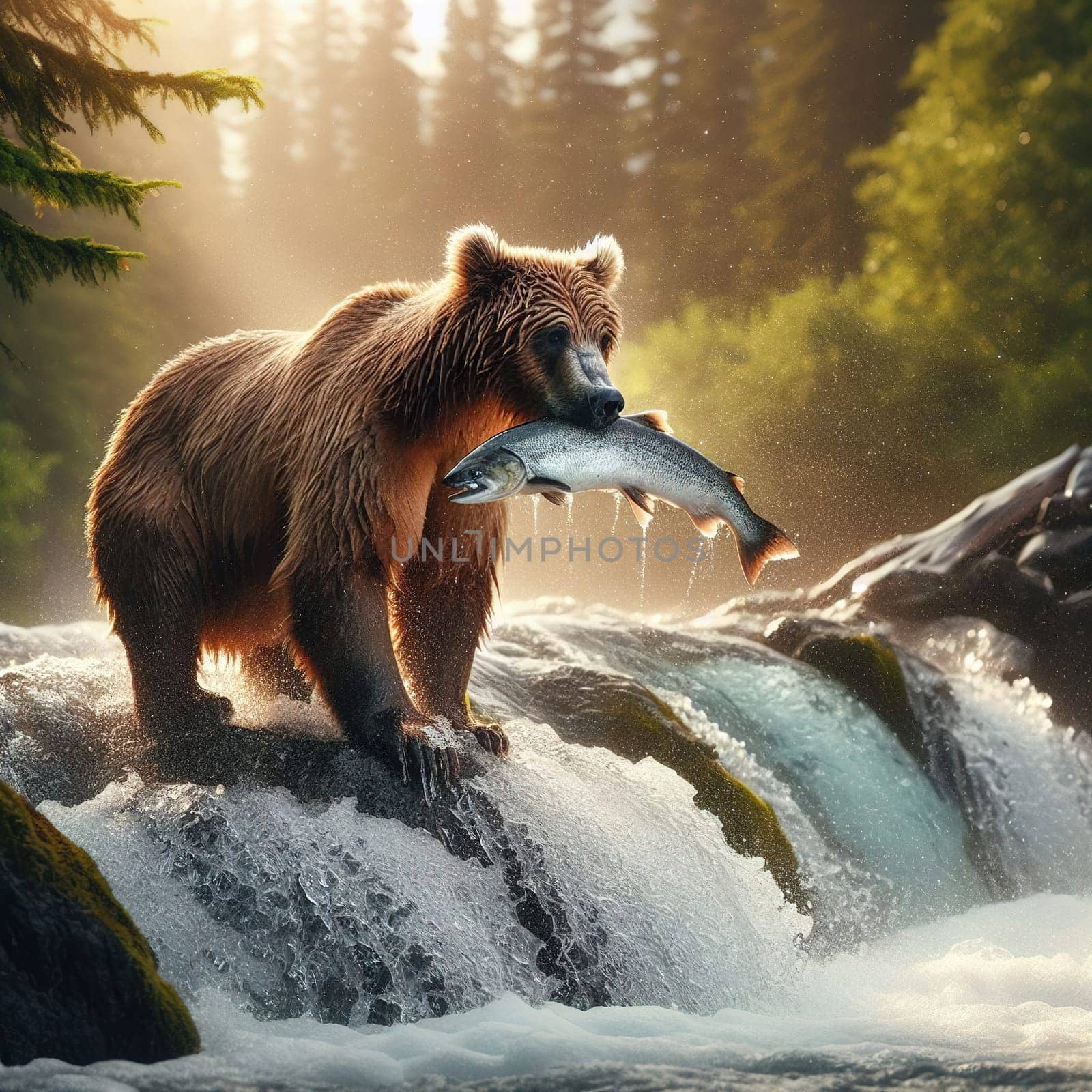 Brown bear catches salmon going to spawn, Generative AI by gordiza