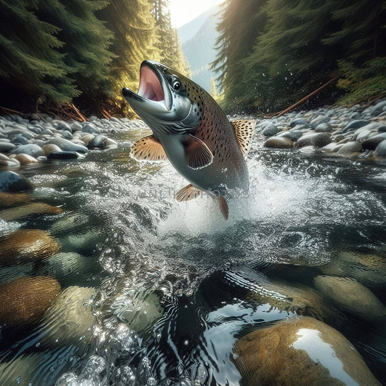 Salmon jumps out of the water along the way. Generative AI by gordiza