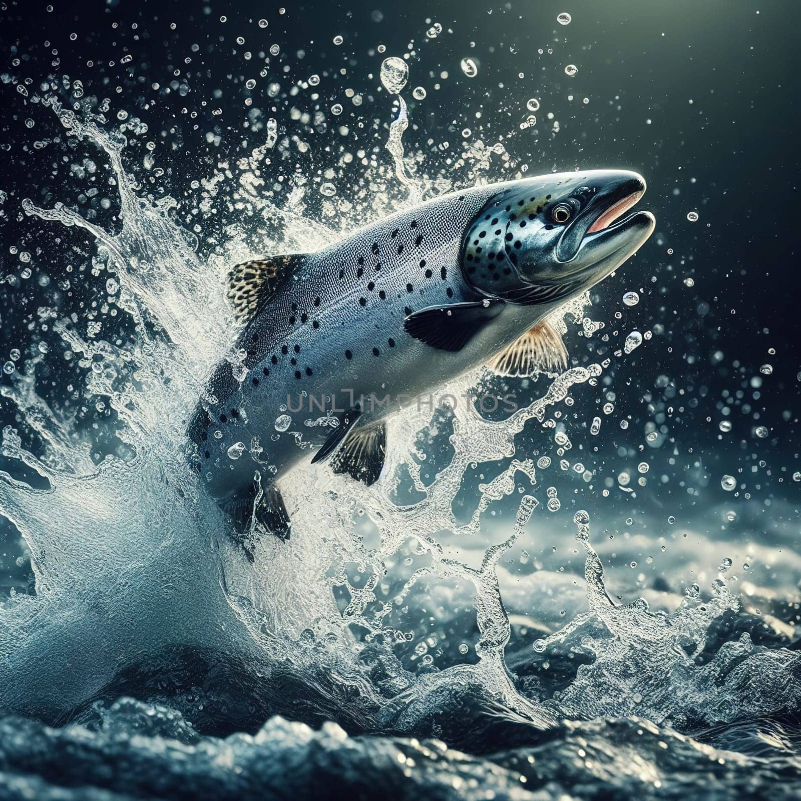 Salmon jumps out of the water along the way. Generative AI. High quality illustration