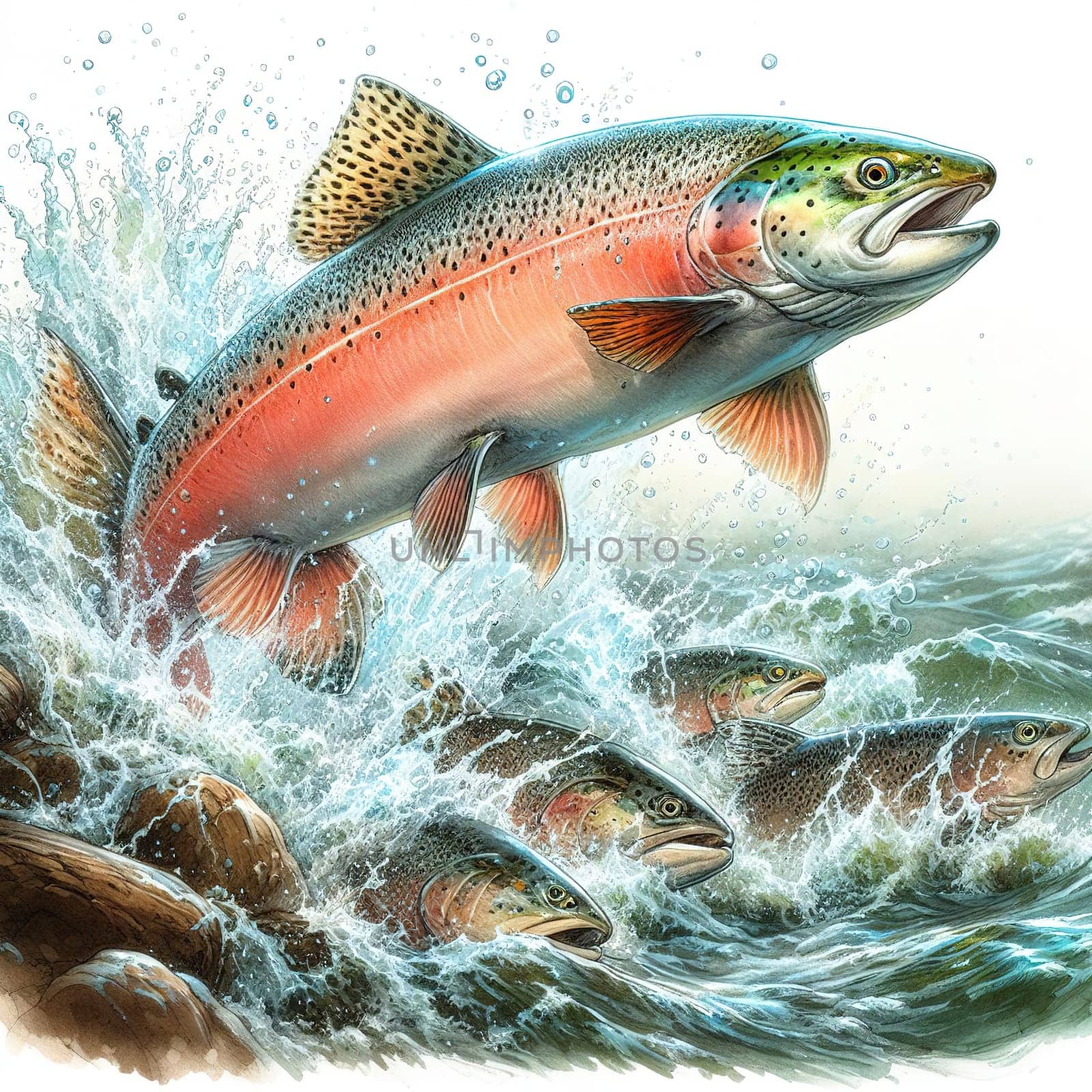 Salmon jumps out of the water along the way. Generative AI. High quality illustration