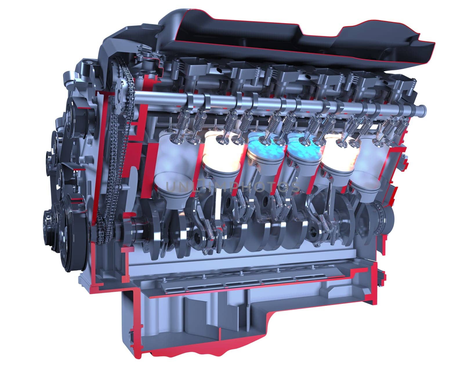 Cutaway V12 Engine pistons and crankshaft Ignition on black background 3D rendering by 3DHorse