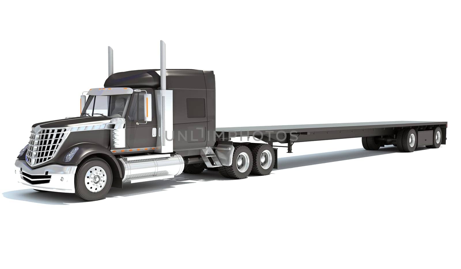 Semi Truck with Lowboy Platform Trailer 3D rendering on white background by 3DHorse