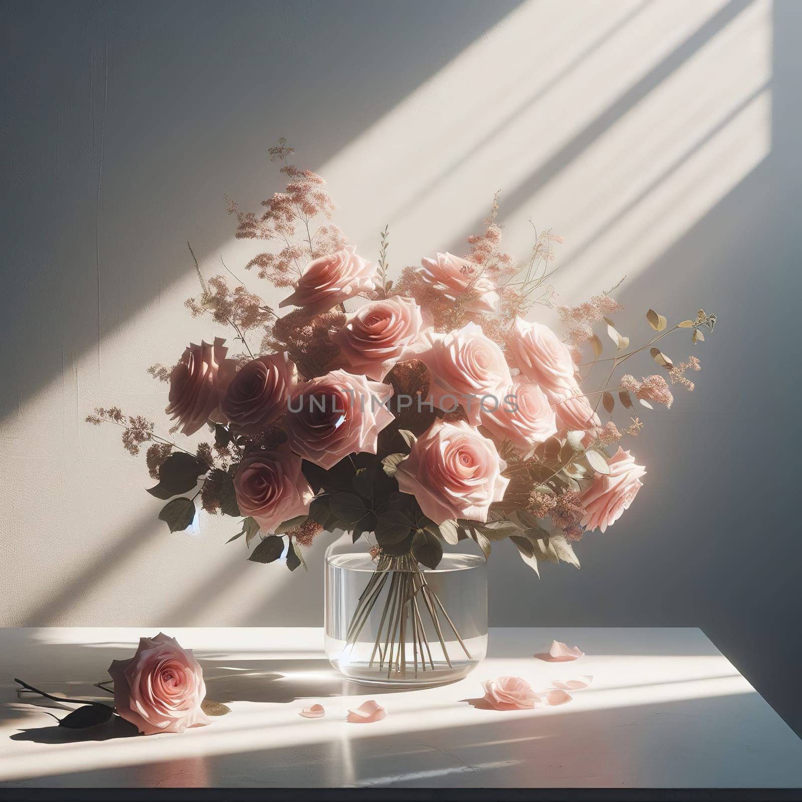 Bouquet of roses on the table with light from the window. Generative AI by gordiza