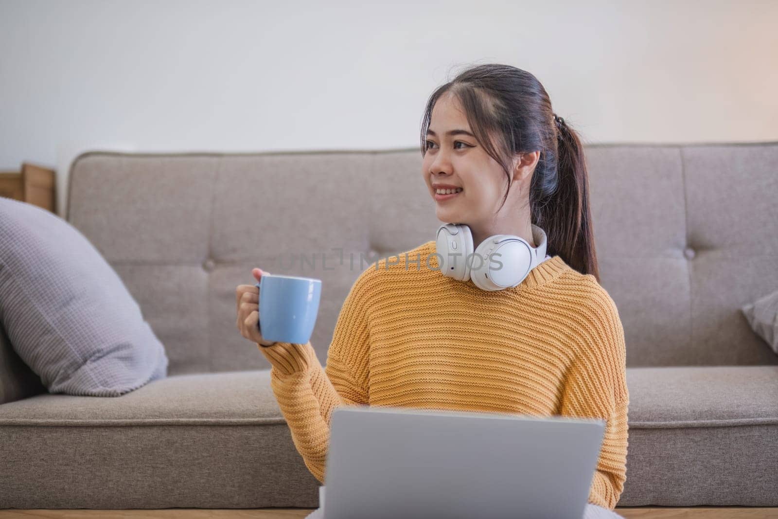 Asian girl student online learning class study online video call zoom teacher, Happy asian girl learn english language online with computer laptop. by wichayada