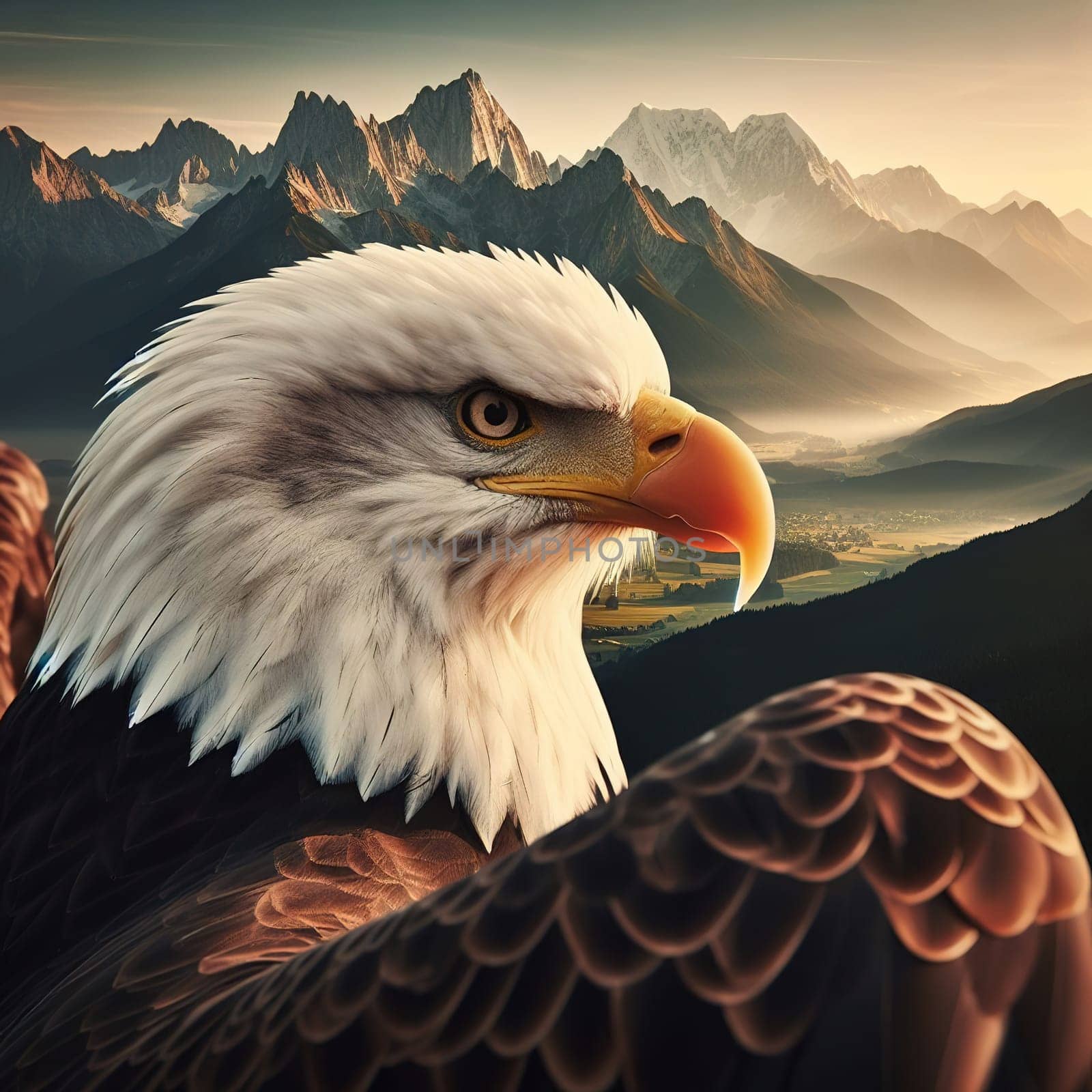 Close-up of an eagle with a white head against the backdrop of the Canadian mountains by gordiza