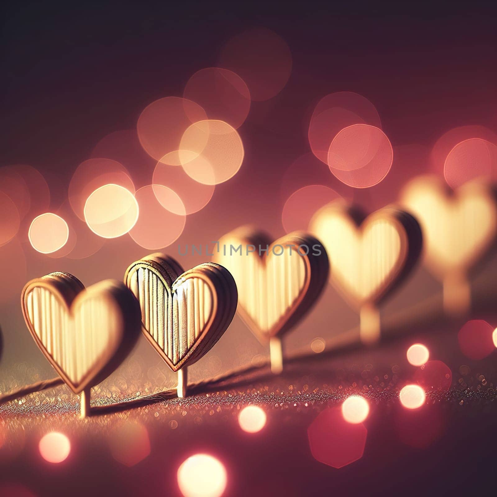 Wooden hearts lined up in a row. bokeh. High quality illustration
