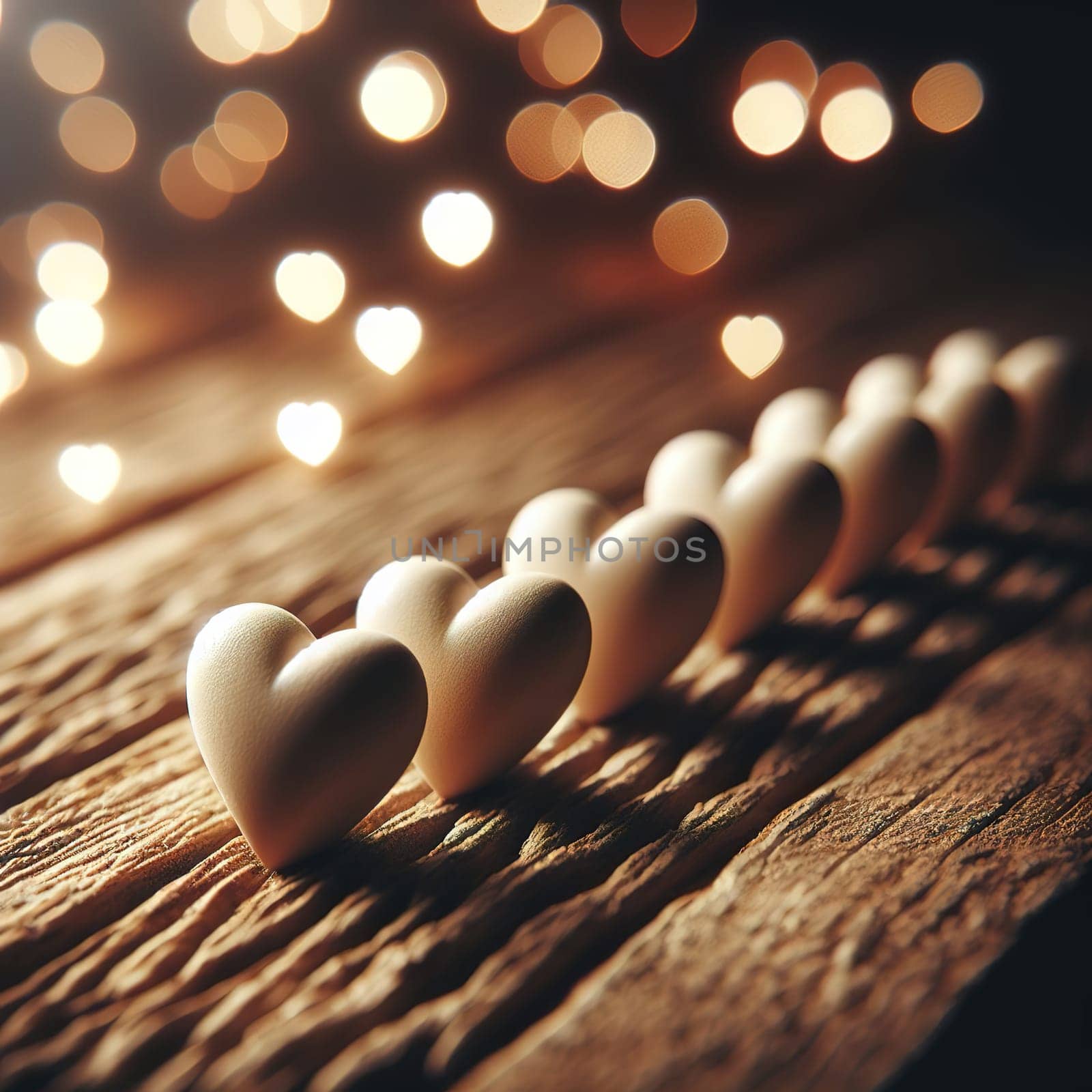 Wooden hearts lined up in a row. bokeh by gordiza