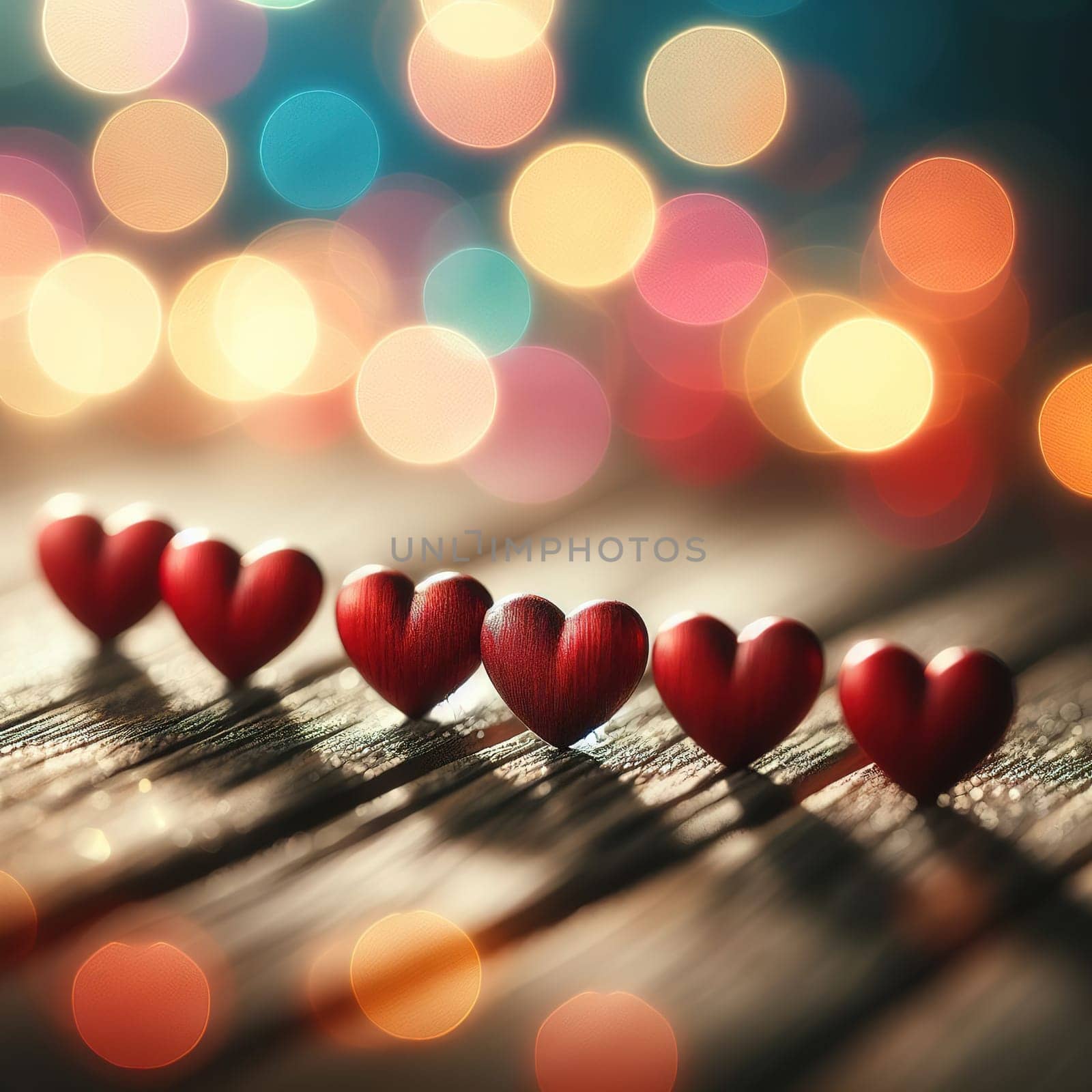 Wooden hearts lined up in a row. bokeh by gordiza