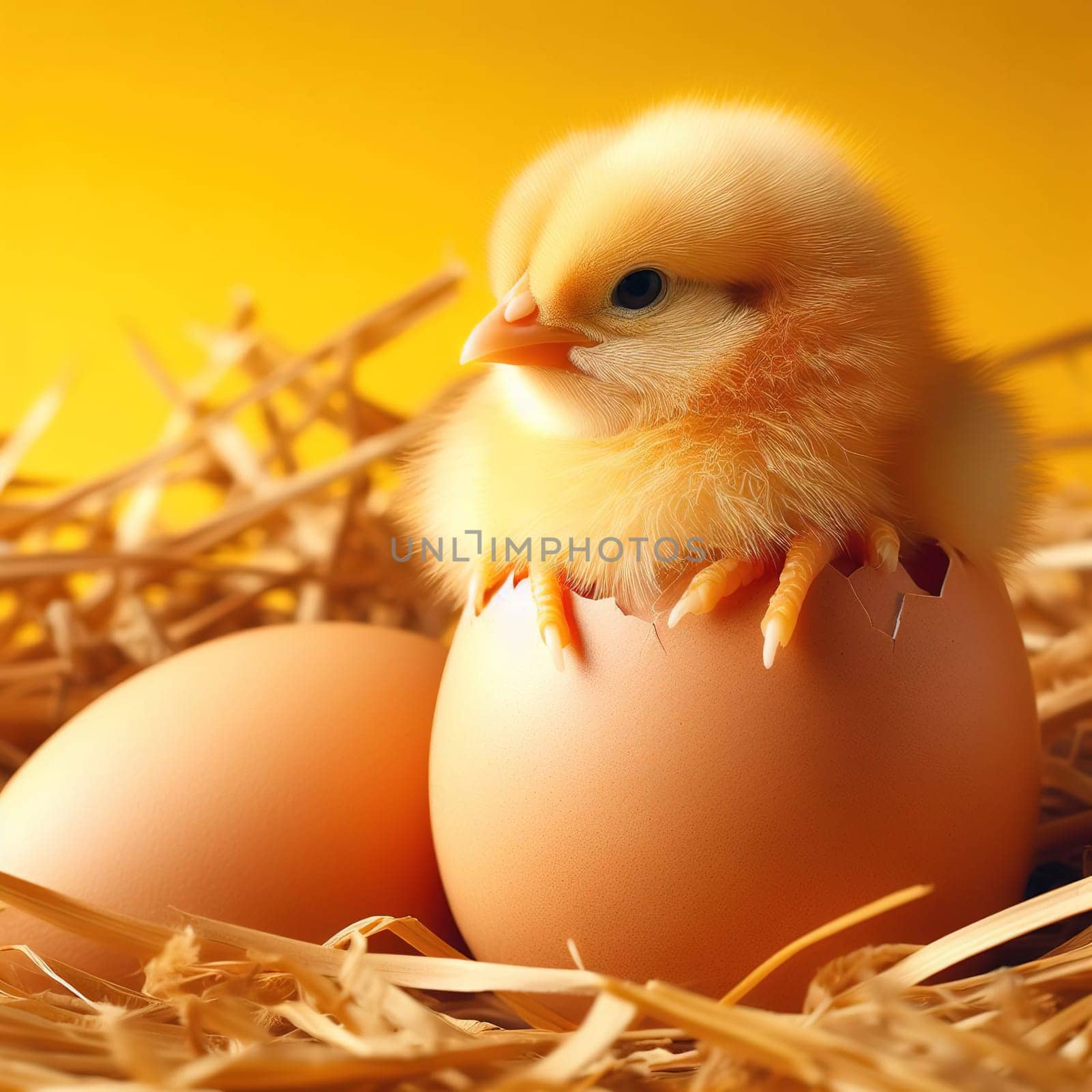 A little chick hatched from an egg. Generative AI by gordiza