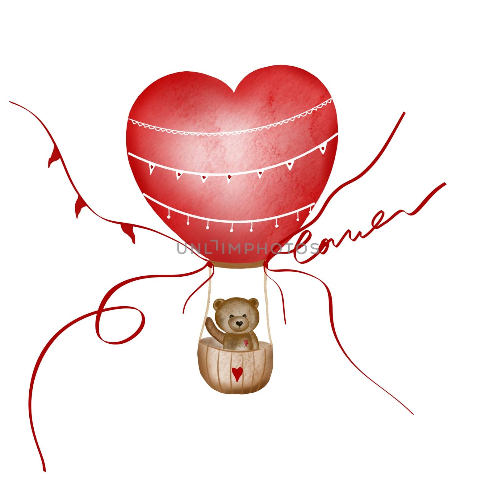 Watercolor drawing of a cute bear in a heart-shaped air balloon. Nice isolate on a white background for printing on valentine's day cards and invitations. Valentine's card. by TatyanaTrushcheleva