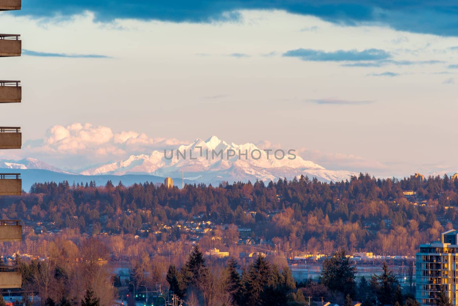 Mountain Baker view in sunset light from urban area of Vancouver, British Columbia.