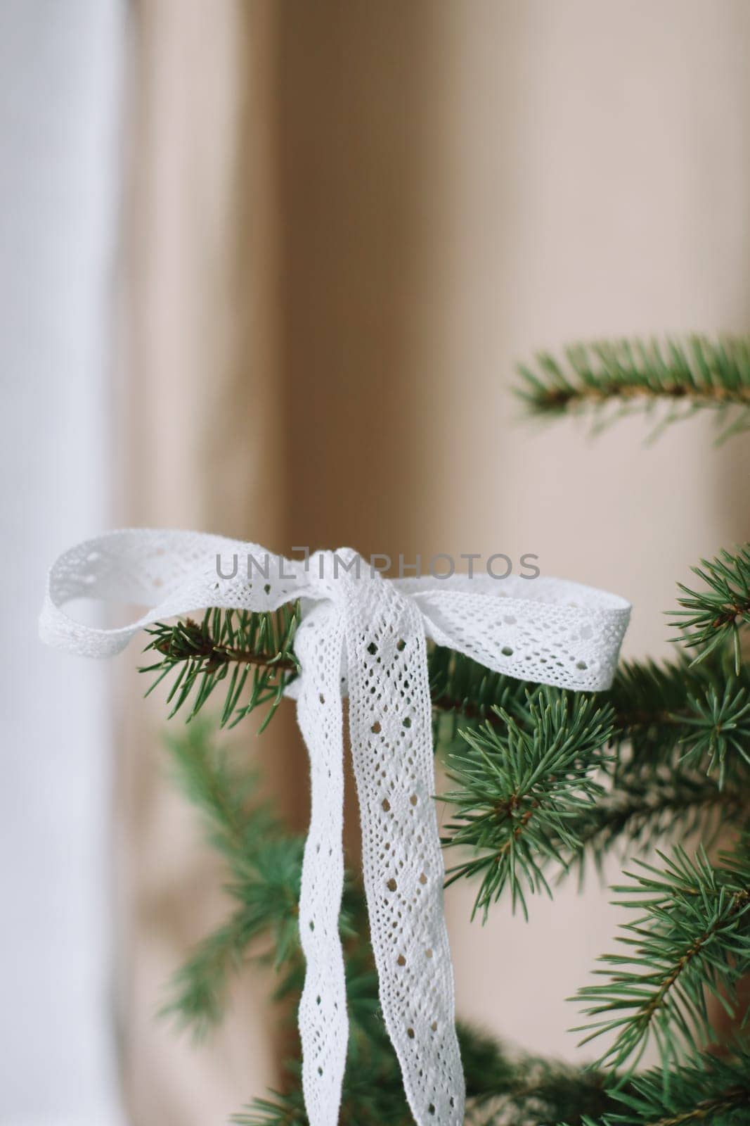 New Year lace decorations for the Christmas tree in eco style. Zero Waste Christmas concept. Vintage Christmas tree decorations