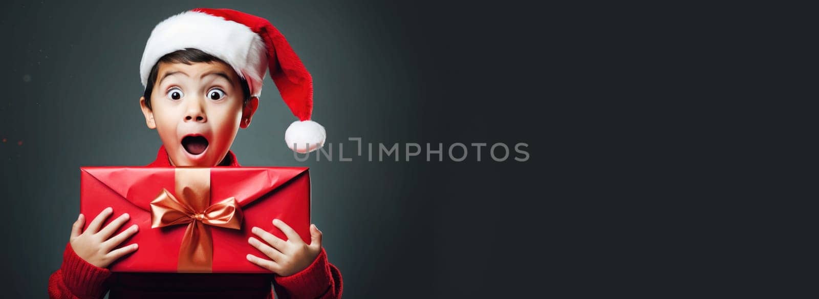 Surprised little boy in Santa Claus hat holding gift box. Christmas holidays. Boxing Day shopping. Holiday shopping by JuliaDorian
