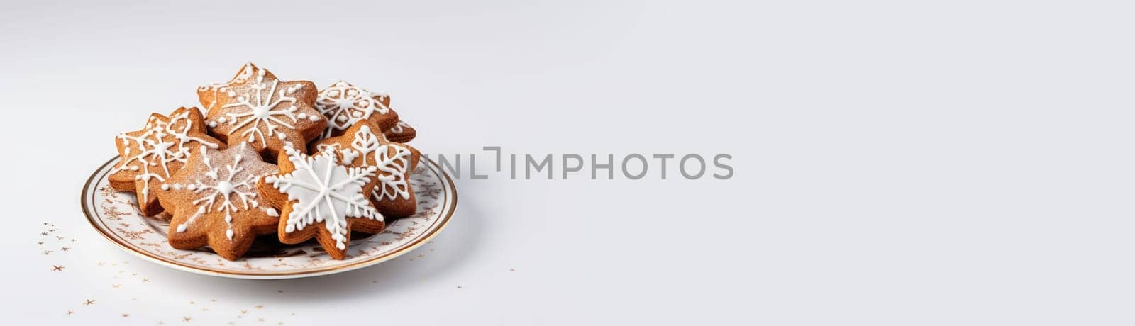 Homemade Christmas gingerbread cookies decorated with sweet sugar icing served on plate on white wooden background.
