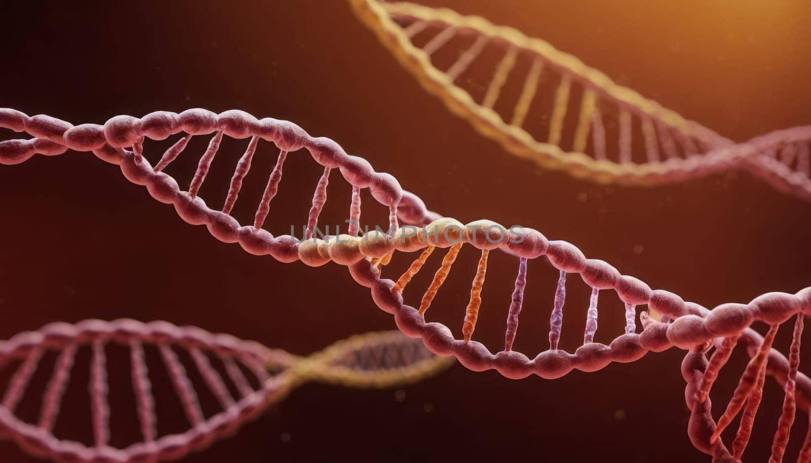 The image showcases multiple DNA helixes in shades of pink and yellow against a dark gradient background transitioning from deep red to black. The lighting emphasizes the intricate details of the DNA strands and their individual nucleotides