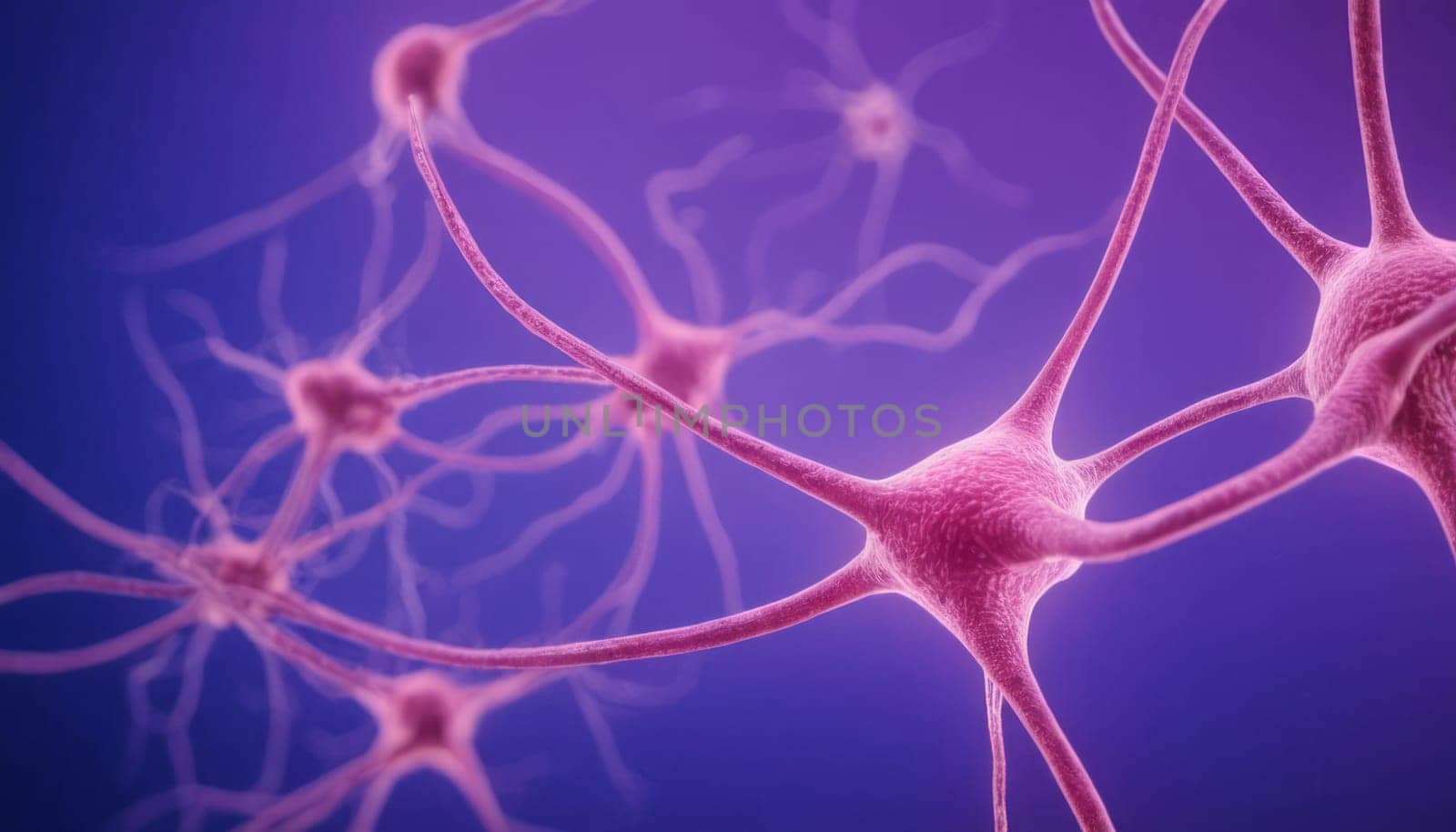 The image showcases pink neuron cells with intricate structures against a gradient purple background, highlighting the complexity of neural networks