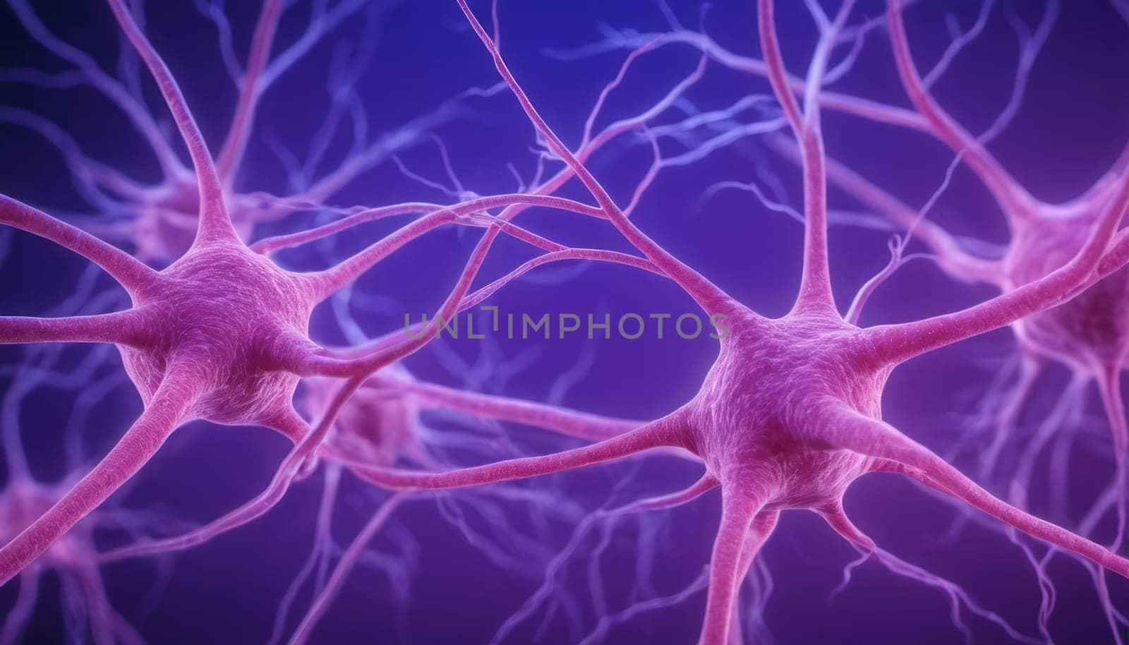 The image presents a detailed view of neurons, the core components of the nervous system, depicted in purple against a darker purple background, showcasing their complex network