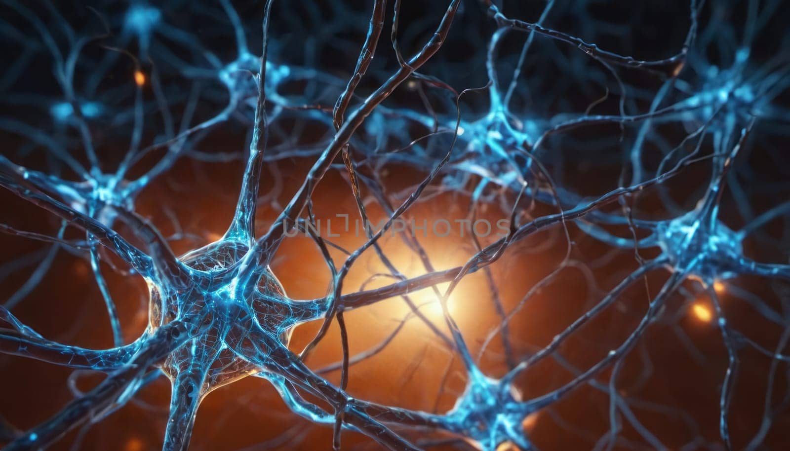 A close-up view of neuron cells interconnected, with a warm orange core and cool blue dendrites, set against a dark backdrop