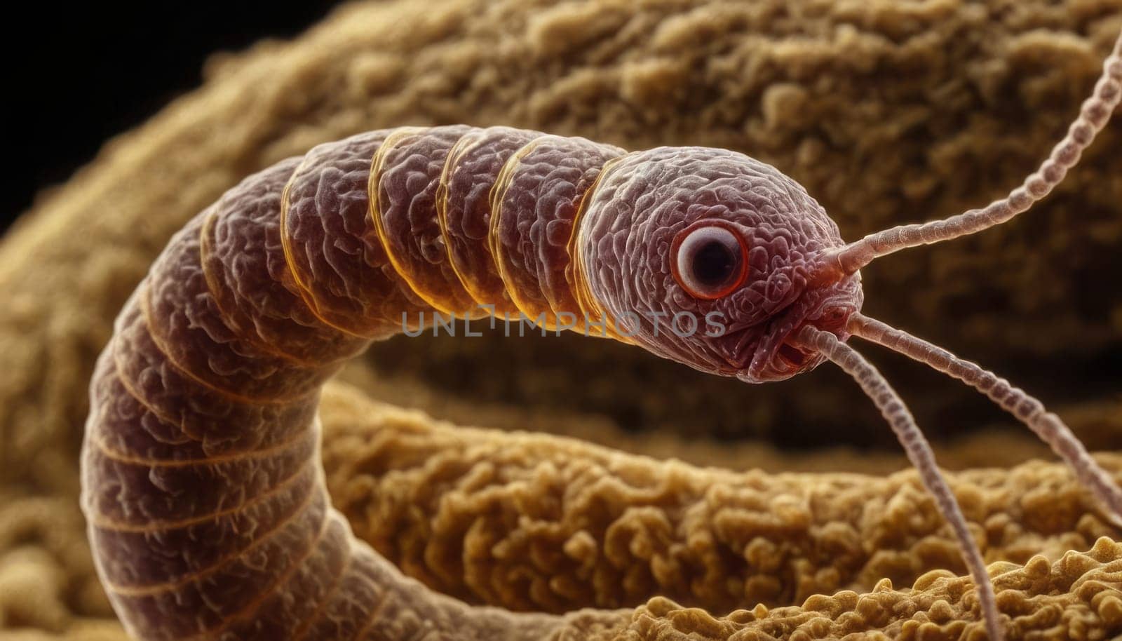 A detailed view of a nematode, showcasing its segmented body and prominent eye against an abstract textured background