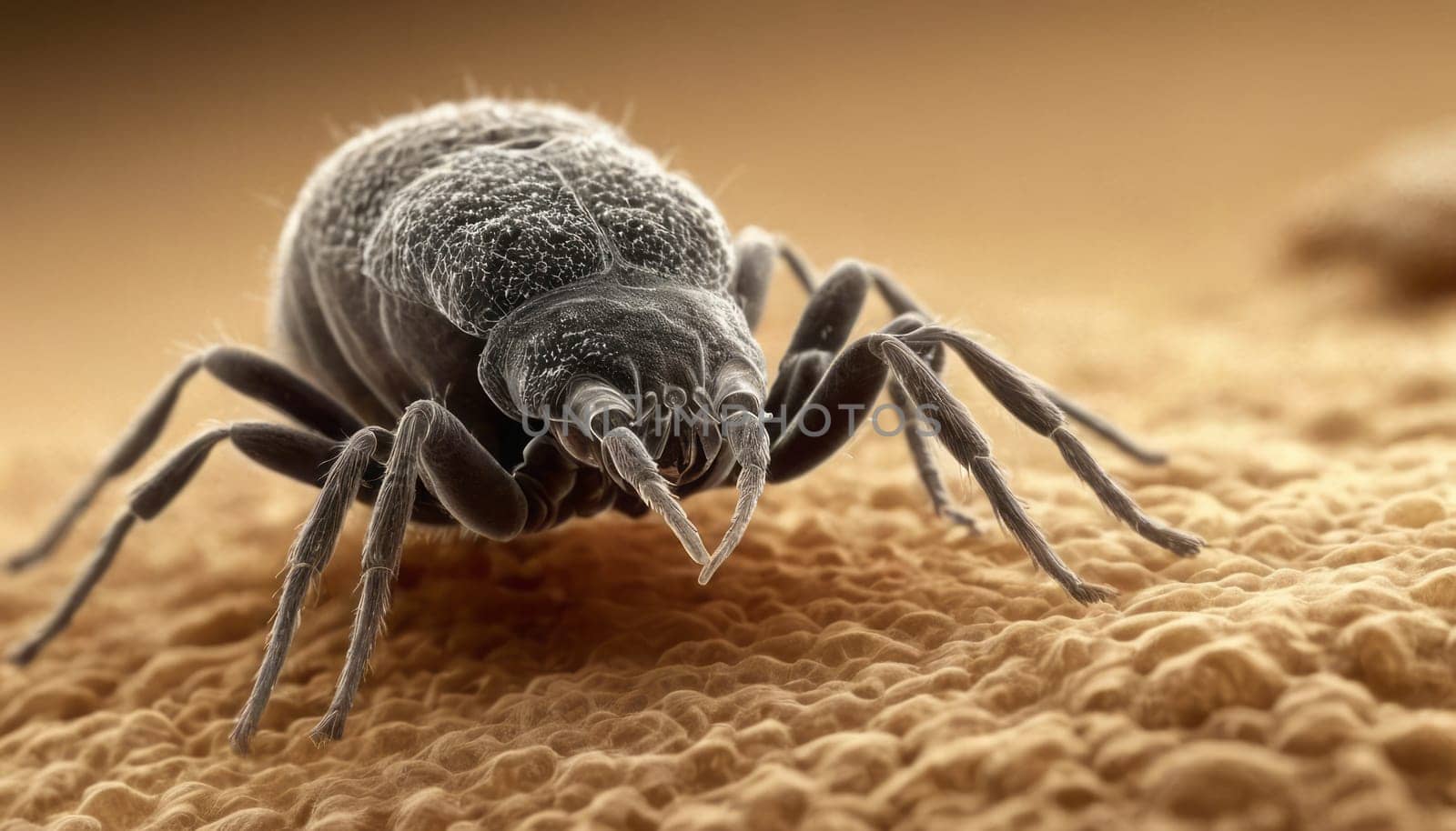 A detailed view of a dust mite, highlighting its intricate body and slender legs on an organic surface