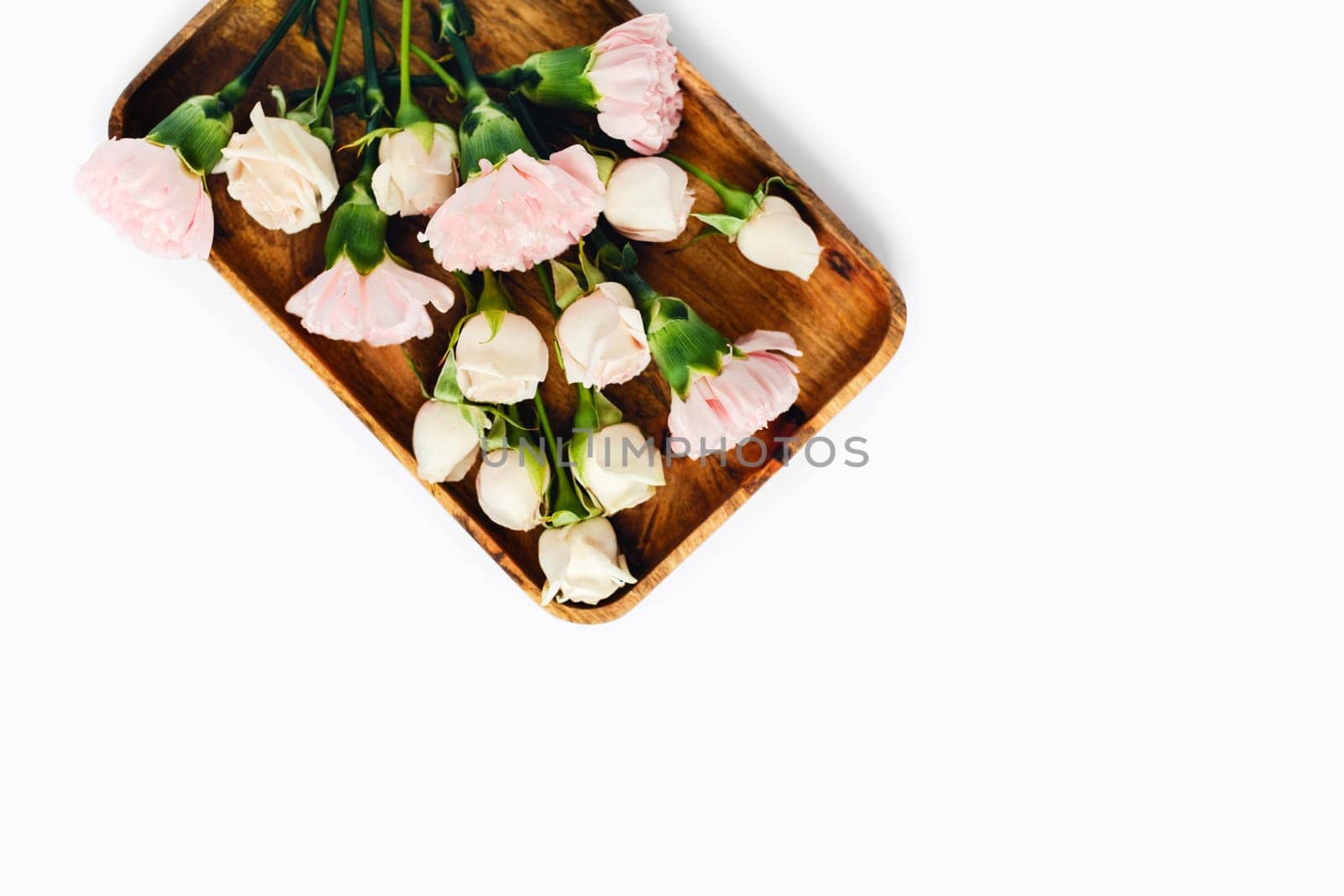 White and pink roses on a wooden tray on a white isolated background.