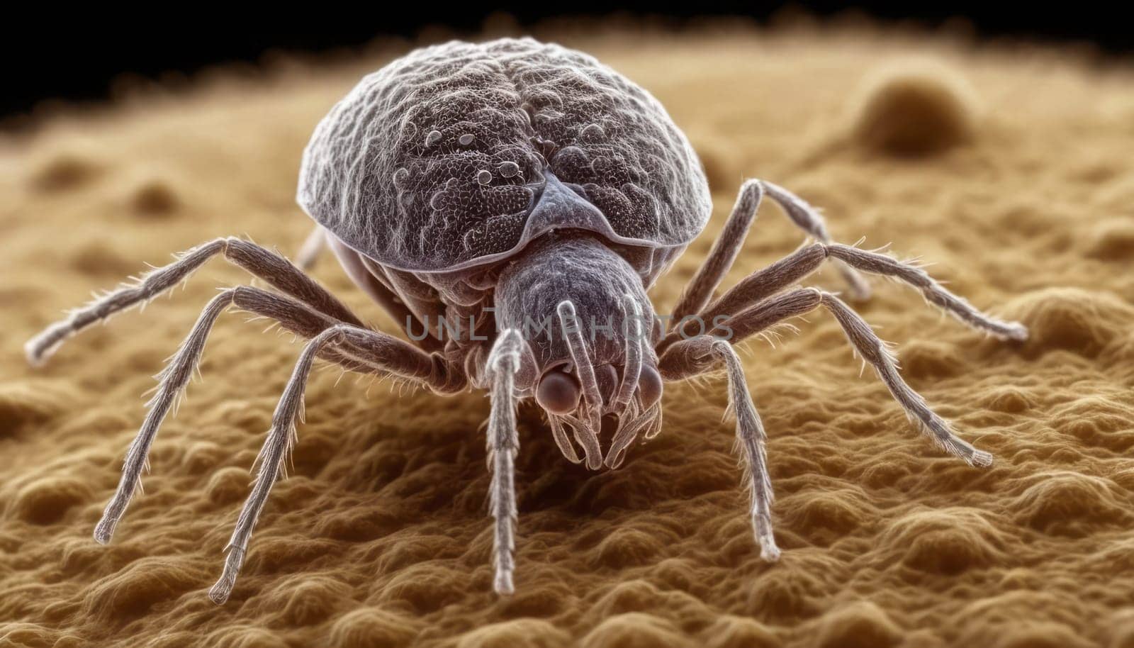 A detailed image of a dust mite, showcasing its rounded body and thin legs against a rough, irregular surface