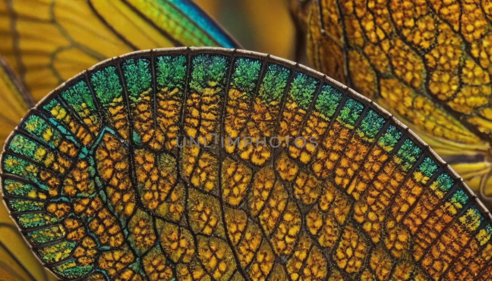 A close-up of a butterfly wing, displaying a rich golden yellow with iridescent green bands and elaborate black markings