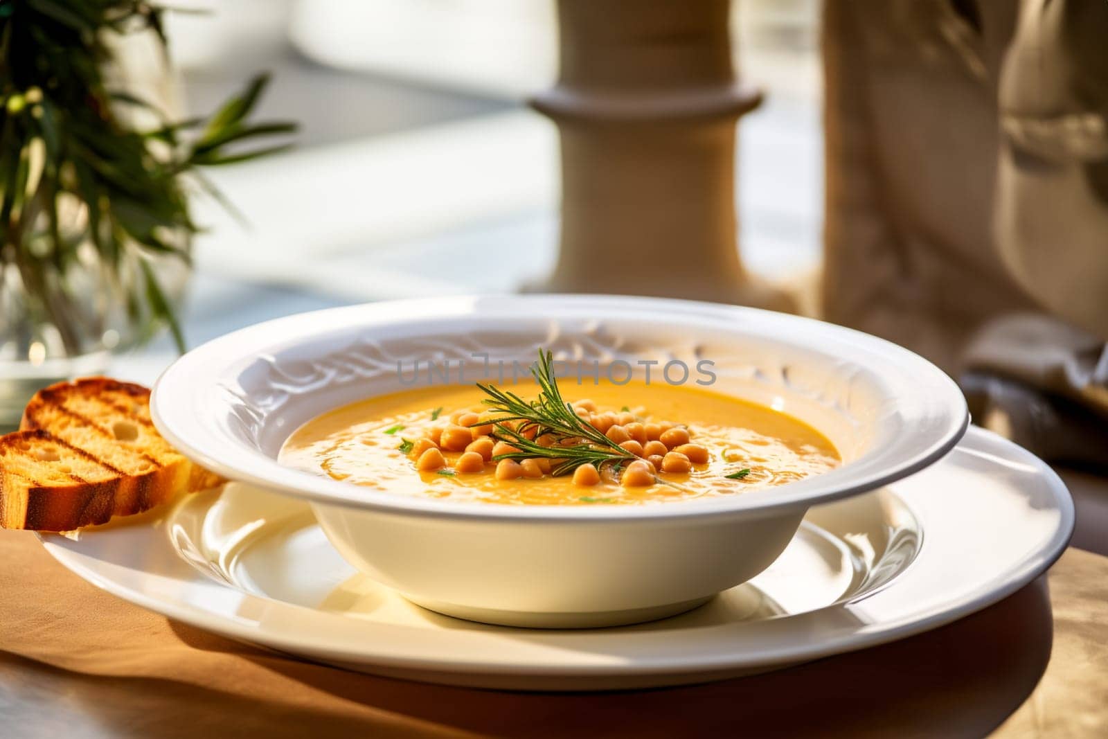 Chickpea soup, traditional Italian winter dish, in Umbria. A warm and nourishing soup made with chickpeas and flavors such as rosemary and garlic. on a white plate in a elegant restaurant decorated for Christmas time. Healthy vegetarian food