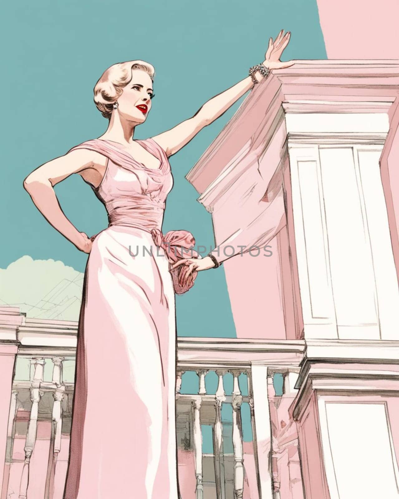 Figure of a woman like Evita Peron, short hairstyle, blond, thin, energetic, art deco style, speaking pitching poor people rights shouting crowd from pink house terrace, Buenos Aires, Argentina