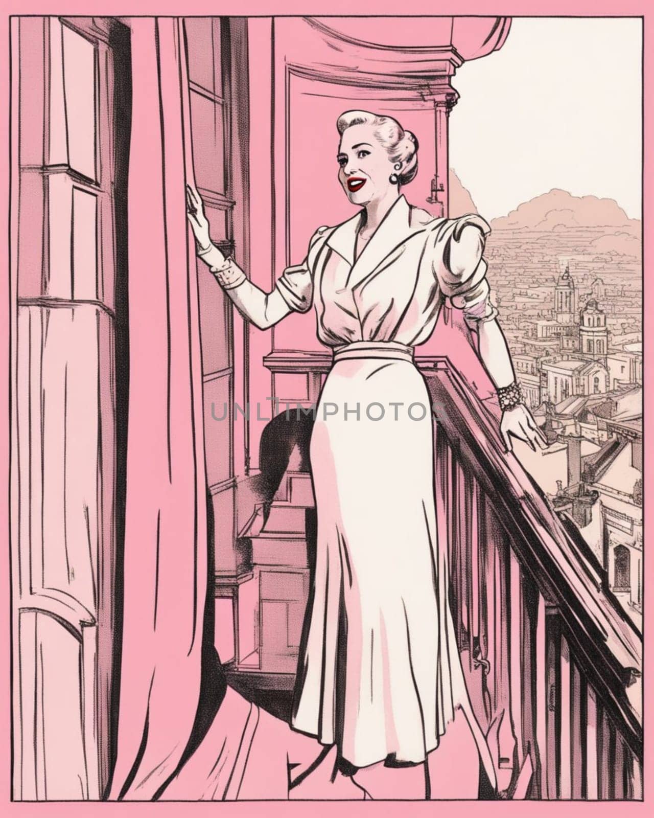 Figure of a woman like Evita Peron, short hairstyle, blond, thin, energetic, art deco style, speaking pitching poor people rights shouting crowd from pink house terrace, Buenos Aires, Argentina