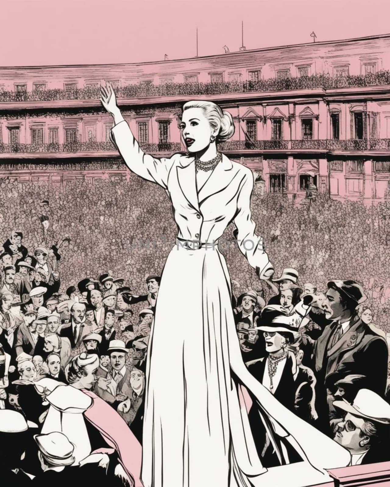 Figure of a woman like Evita Peron, short hairstyle, blond, thin, energetic, art deco style, speaking pitching poor people rights shouting crowd from pink house terrace, Buenos Aires, Argentina