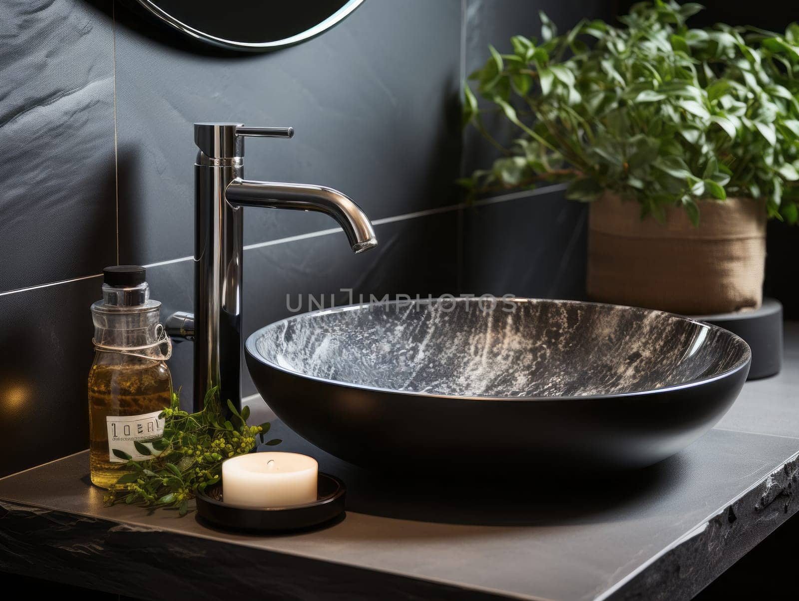 Stylish black marble vessel sink and chrome faucet. Interior design of modern bathroom...