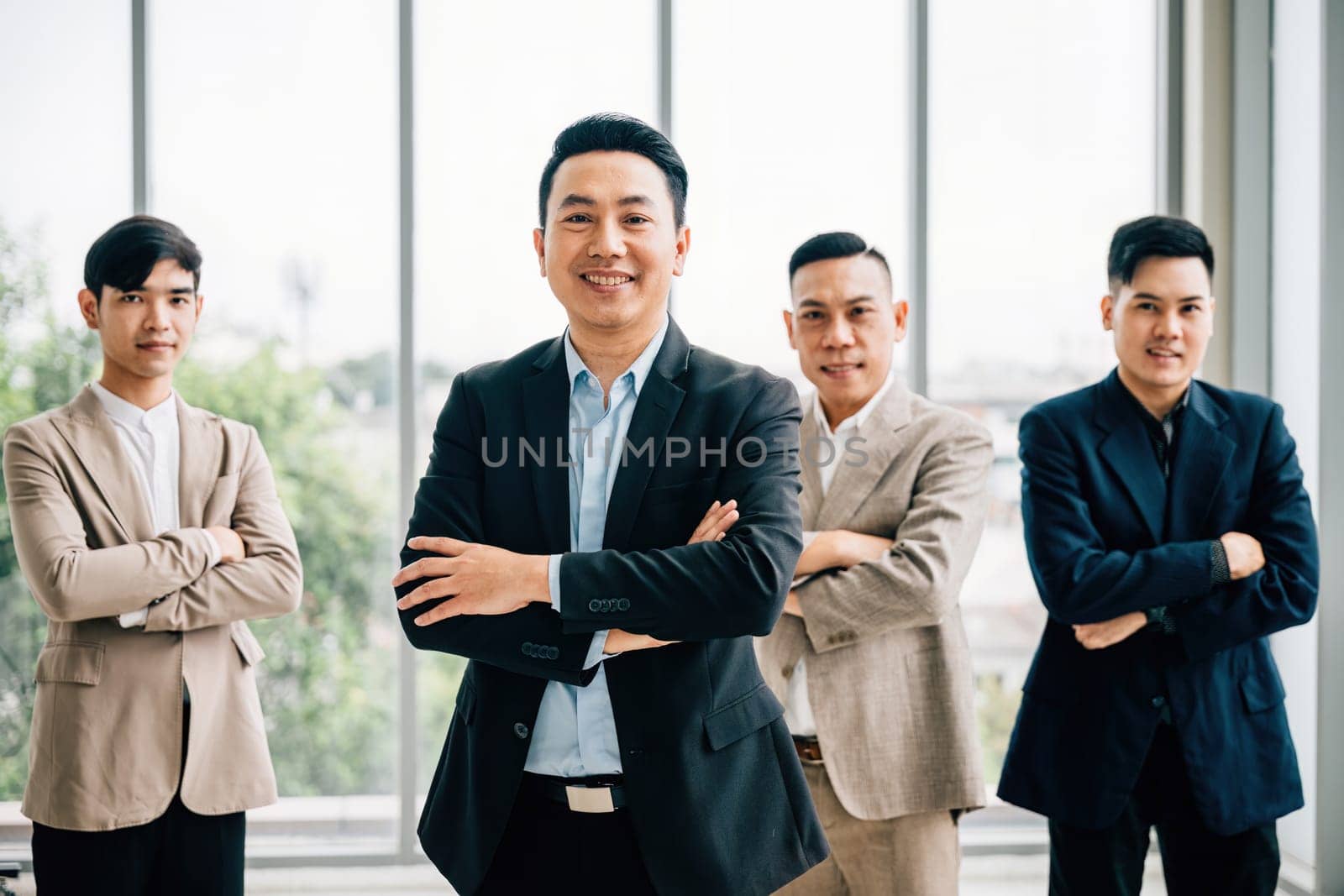 In a creative office, a smart casual-clad businessman smiles with confidence, arms crossed. Diverse Asian male and female colleagues stand together at a startup, underlining teamwork and success. by Sorapop