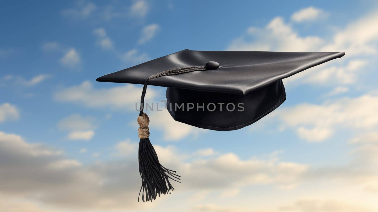 A graduation hat with a tassel flies in the blue sky by Zakharova