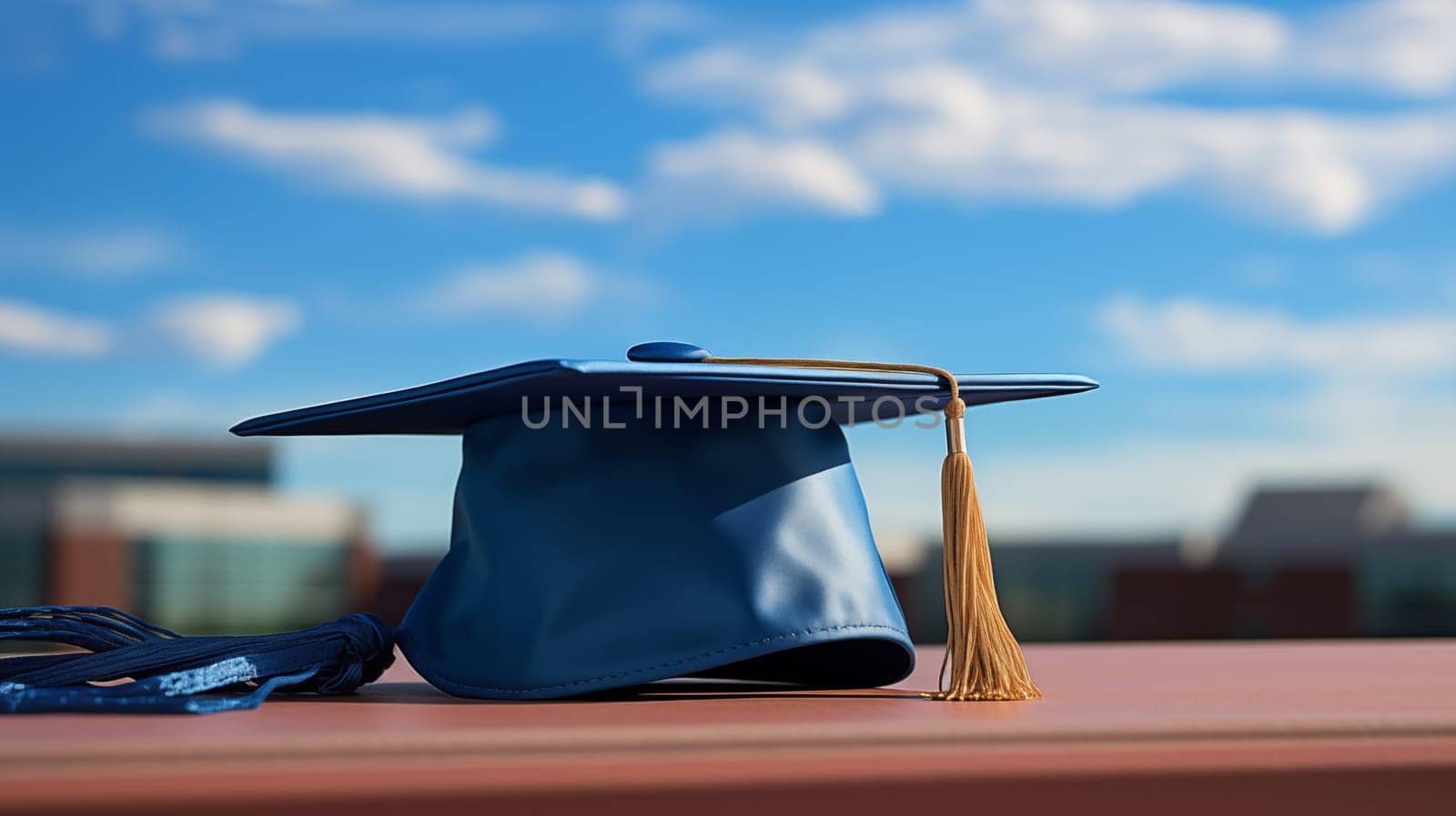 A blue graduation hat lies on a table outside against a blue sky background by Zakharova