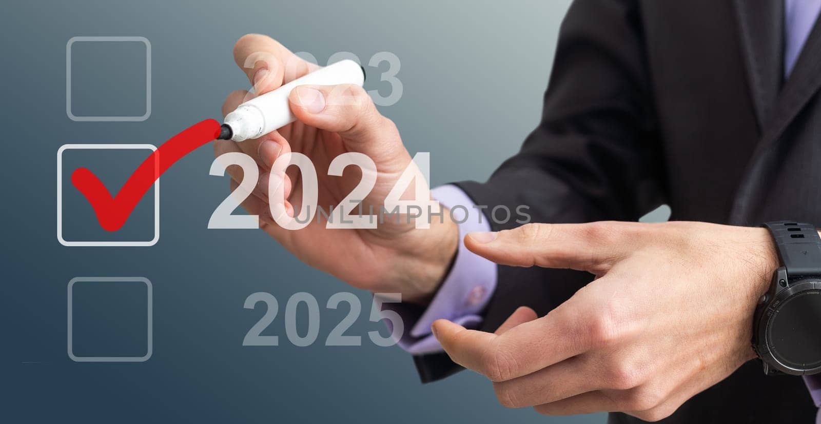 man hand touching on 2024 calender year button on digital virtual screen blur background by Andelov13