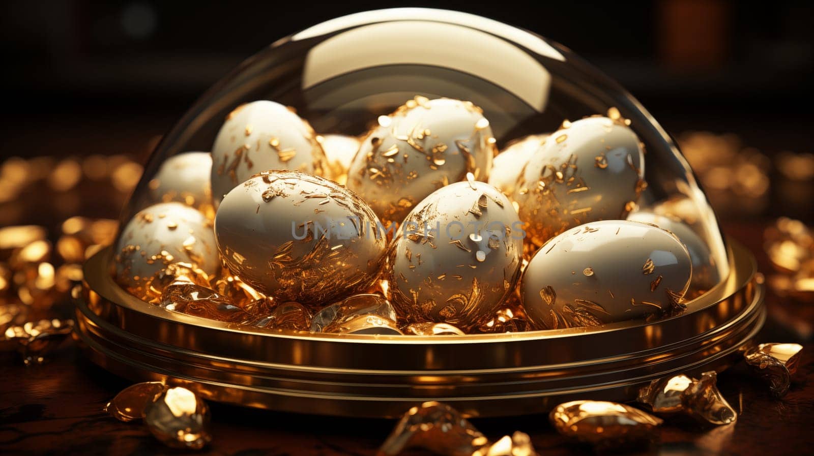 Luxurious Easter eggs, with gold, in a golden plate under a glass dome, stand on a dark brown table by Zakharova