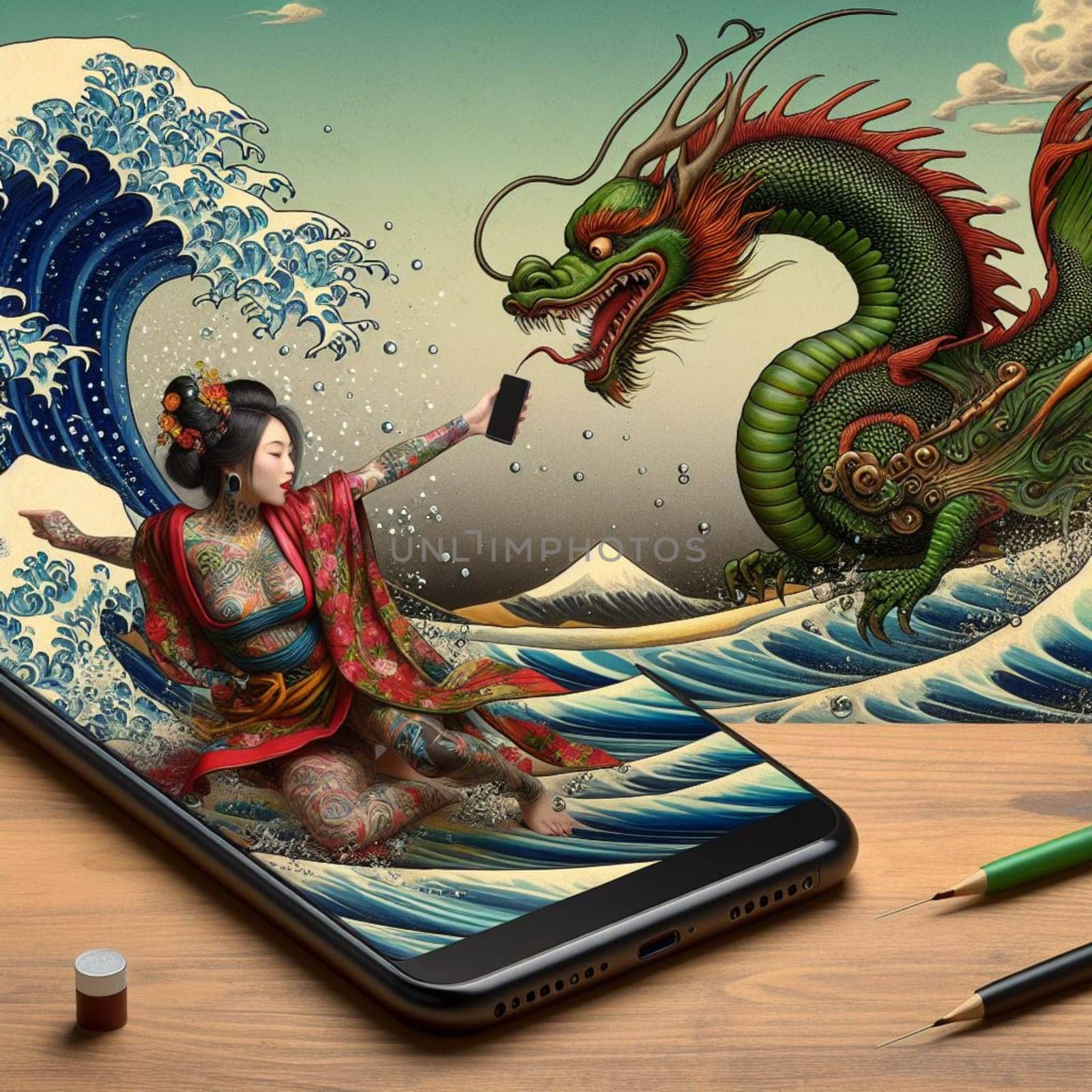 traditional asian woman wear kimono silky dress dance with dragon in chinese new year, background shanghai city skyline come out of phone screen on a desk