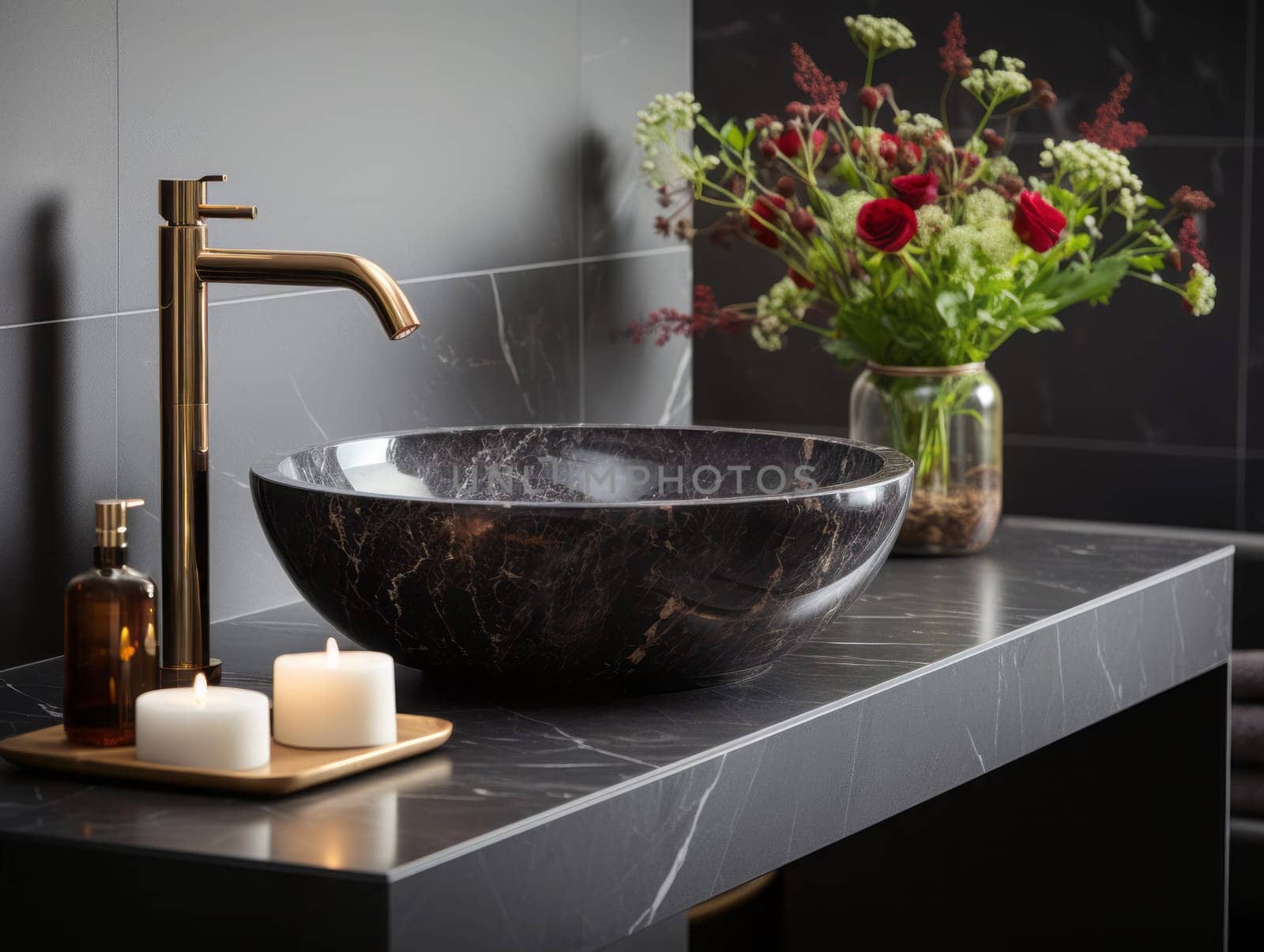 Stylish black marble vessel sink and chrome faucet. Interior design of modern bathroom.