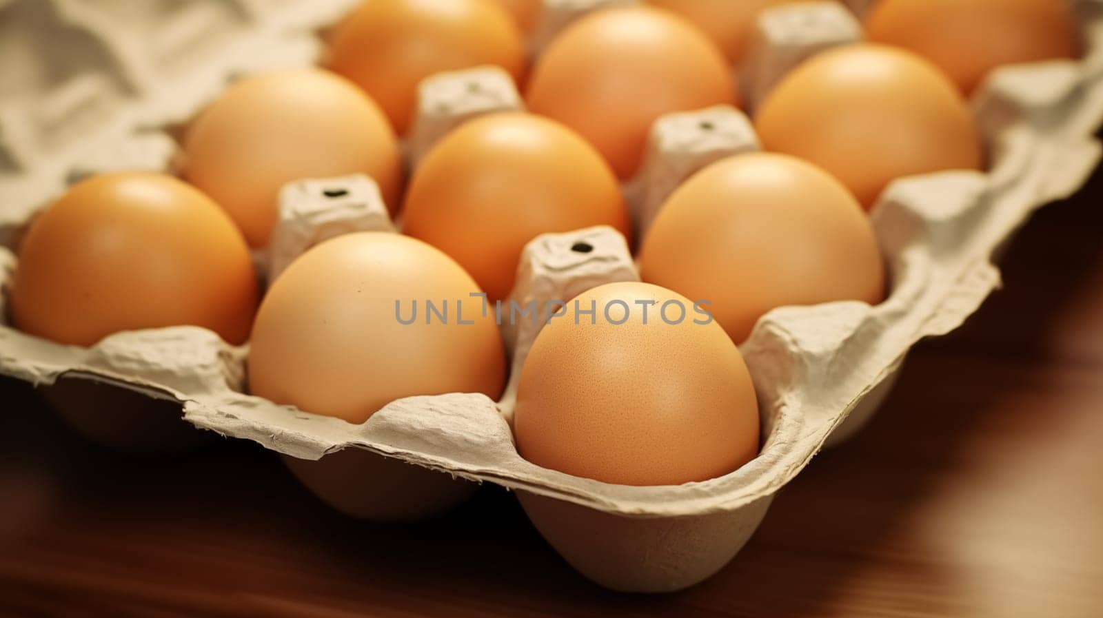 Close up of dozen gold-colored eggs lie in a cardboard package on the wooden table.