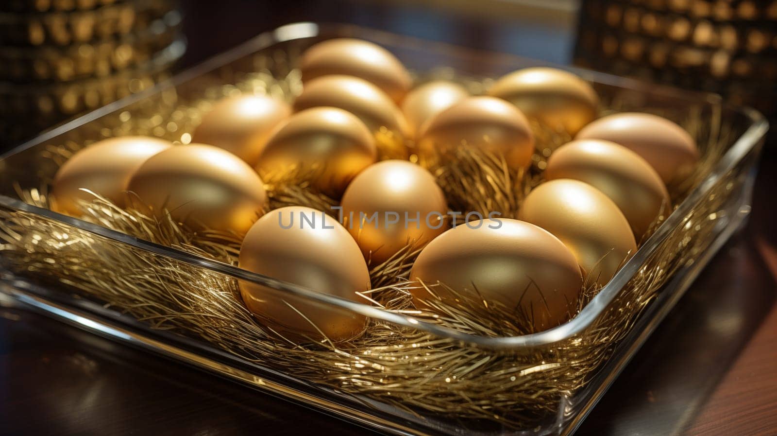 Close-up of beautiful luxurious glossy eggs made of golden metal lying on a transparent box on a dark background.