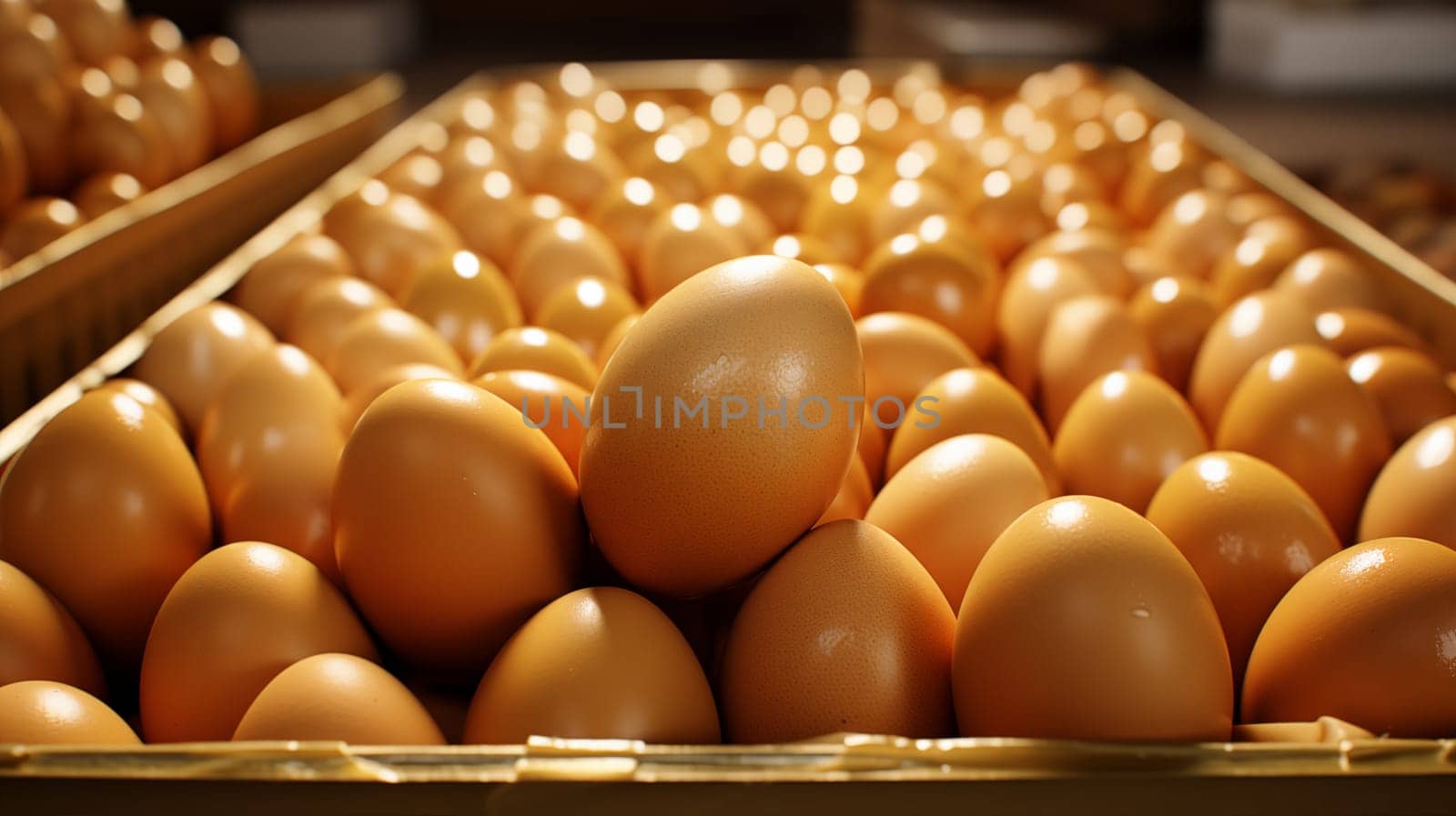 Solid background of golden eggs lying in rows in box . Close up