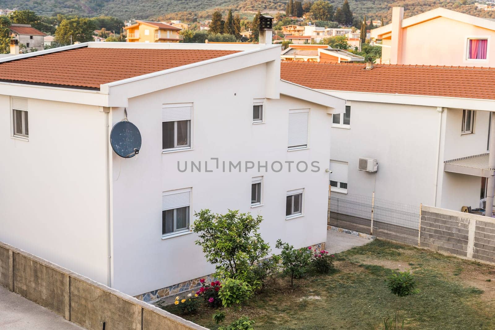 View of a small village with mountain houses on the mountain crest in Bar city Montenegro