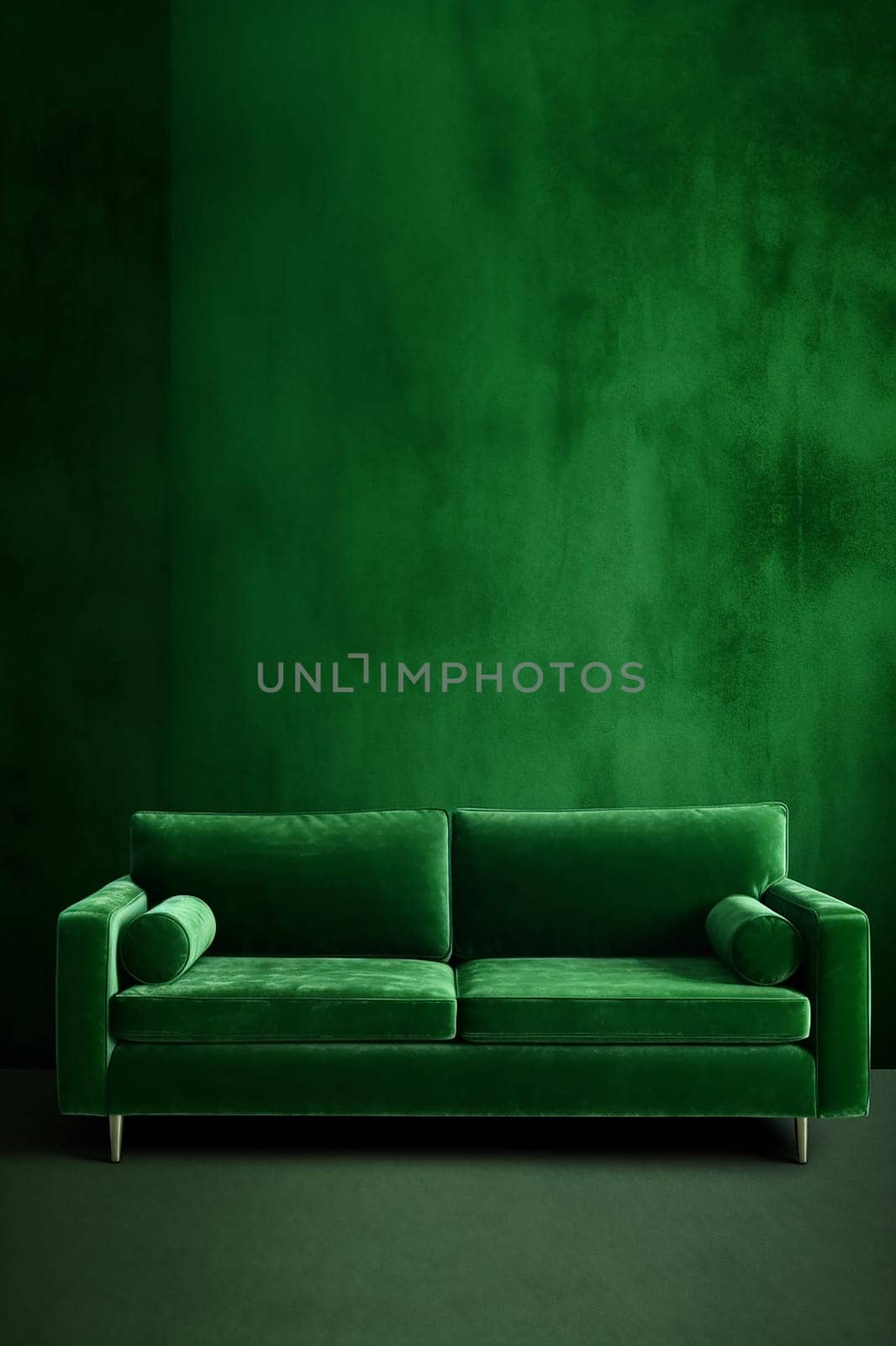 Elegant luxury green velvet sofa in a waiting room against a textured green wall by Hype2art