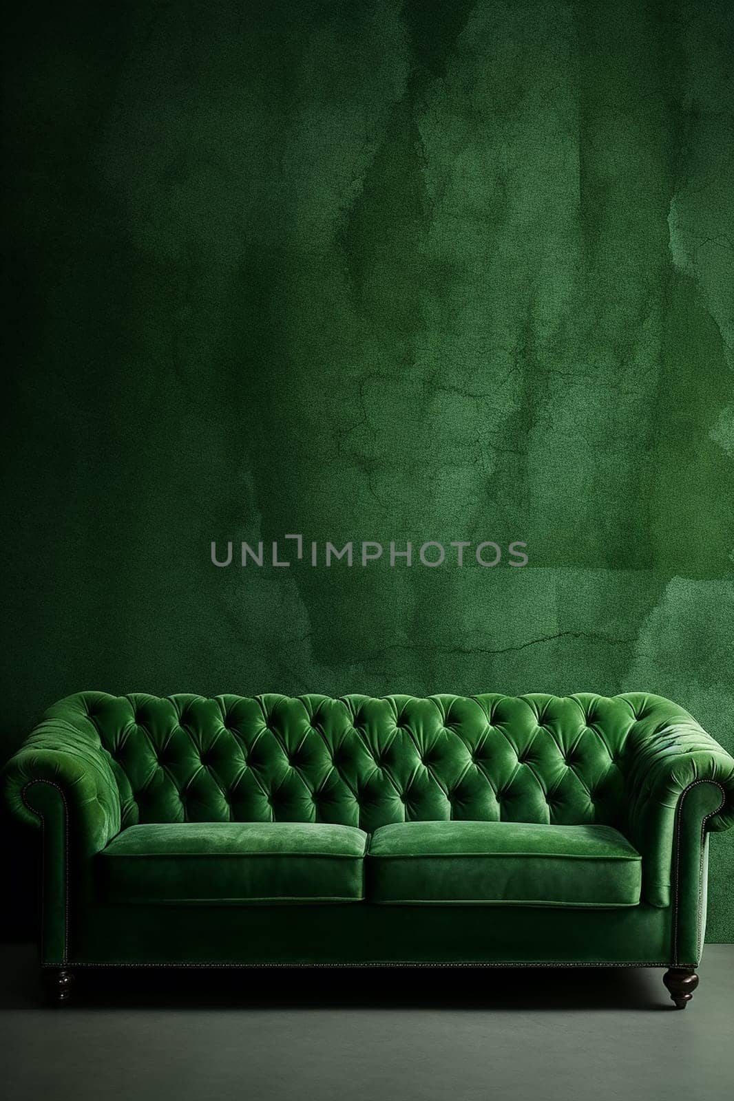 Elegant luxury green velvet sofa in a waiting room against a textured green wall by Hype2art