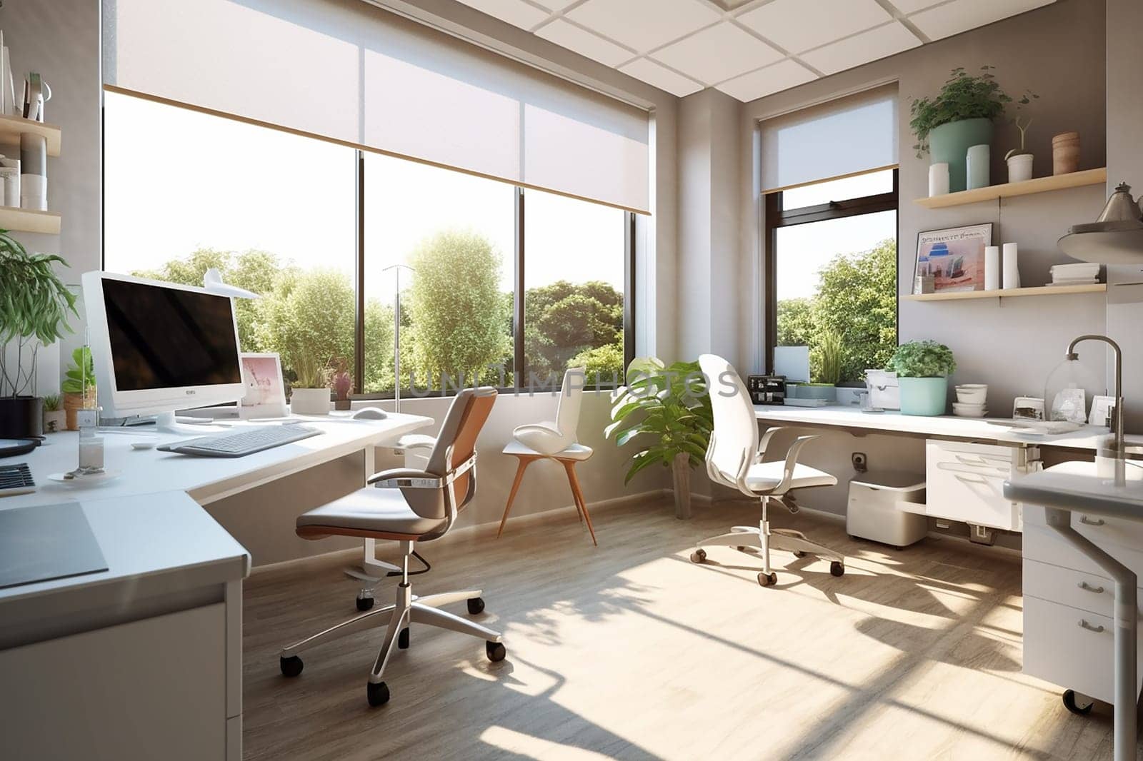 Bright modern home office with a desk, computer, and large windows with a garden view.