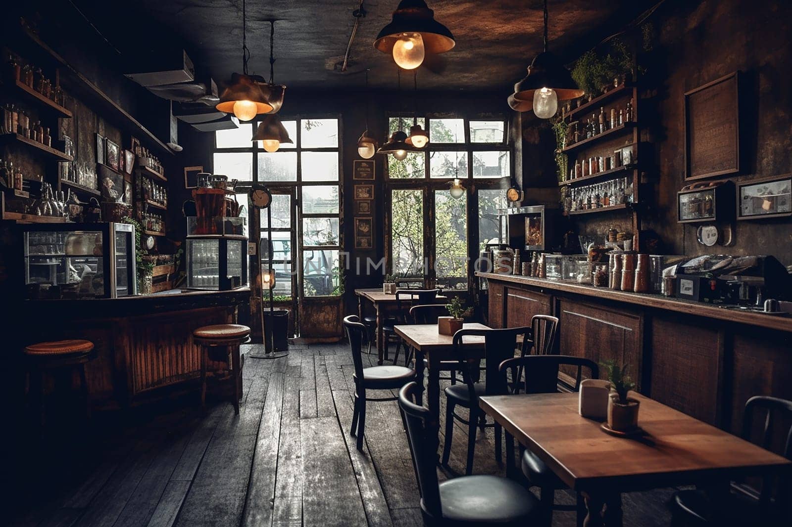 Cozy cafe interior with wooden tables and chairs, a counter, and large windows overlooking a street. Vintage ambiance with warm lighting.